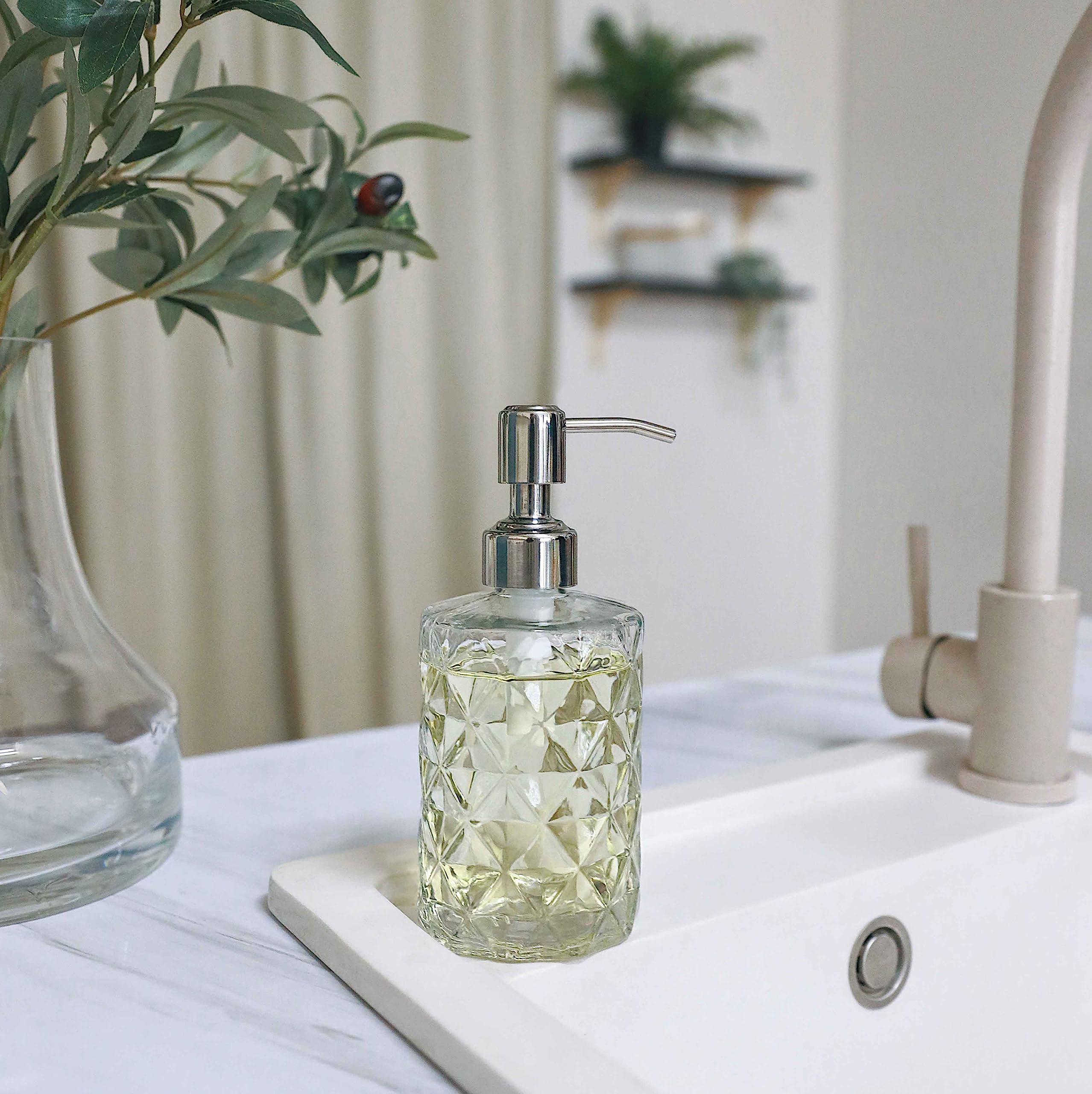 Jasai 2Pack Diamond Embossed Glass Soap Dispenser With 304 Rustproof Stainless Steel Pump, 12 Oz Bathroom Soap Dispenser With A