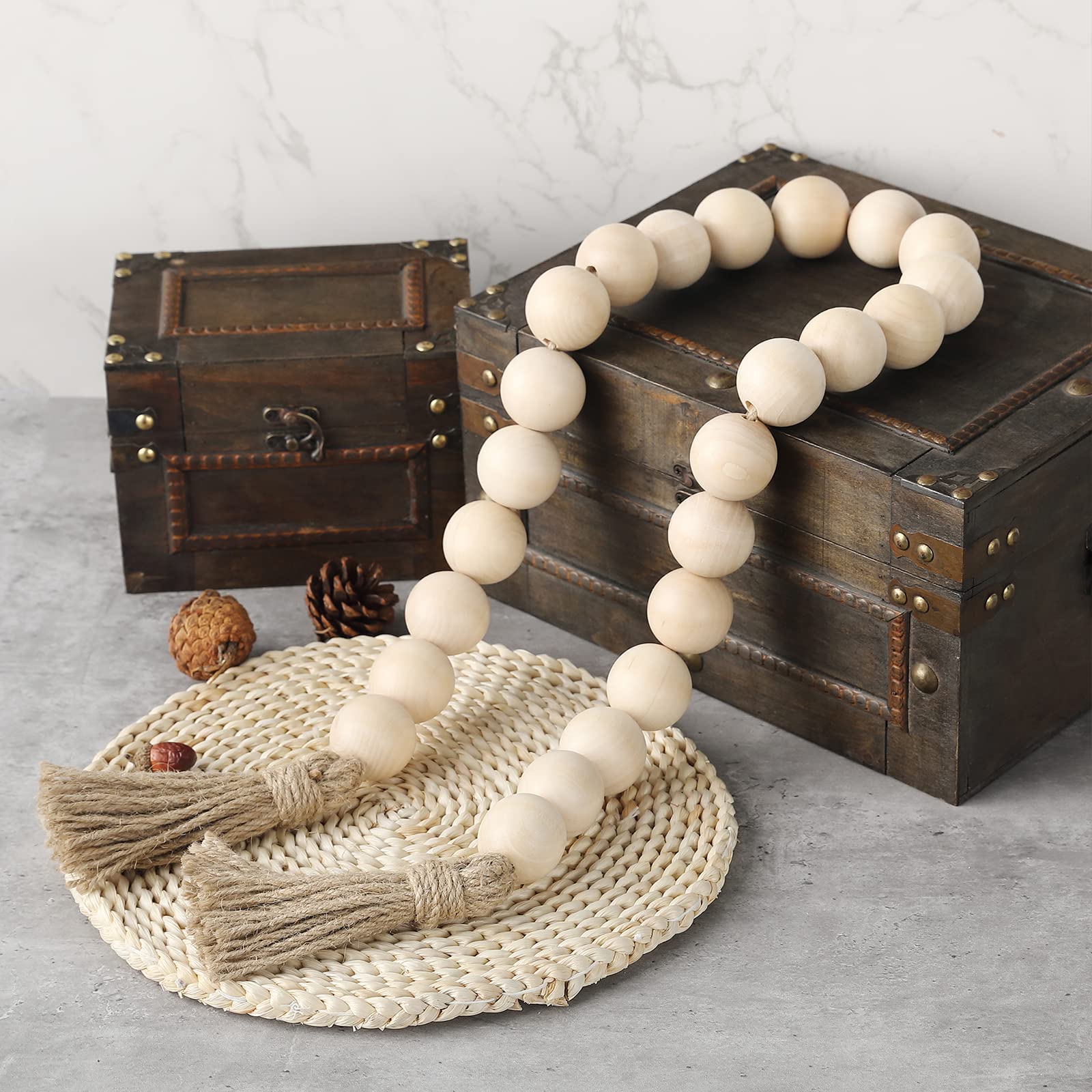 Farmhouse Decor Large Wood Bead Garland 50Inch Long With 1.6'' Diameter Beads, Natural Wooden Beads Decor With Tassels Decorativ