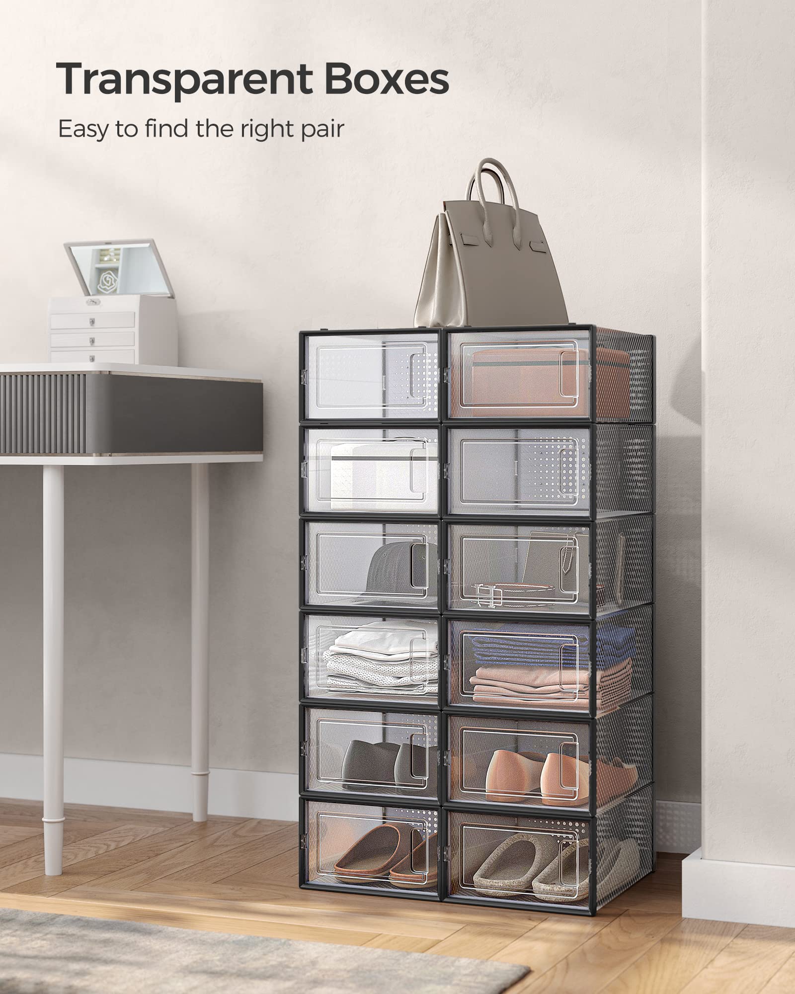 SONGMICS Shoe Boxes - Stackable Clear Plastic Organizers, 12 Count, Fits US Size 11, Transparent + Black, Model ULSP006B12