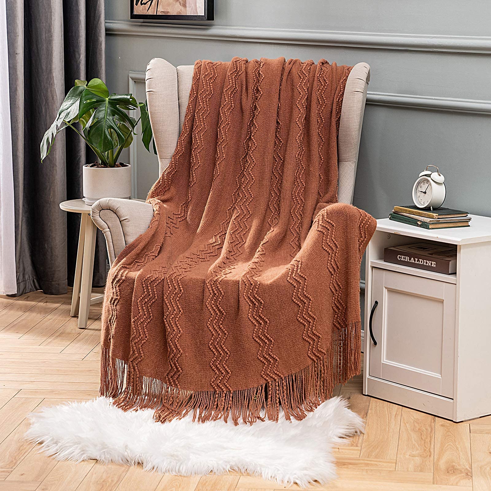 MIULEE Knitted Boho Throw Blanket, 50x60, Textured Knit in Terracotta Rust with Tassels, Cozy Farmhouse Decor for Couch or Bed
