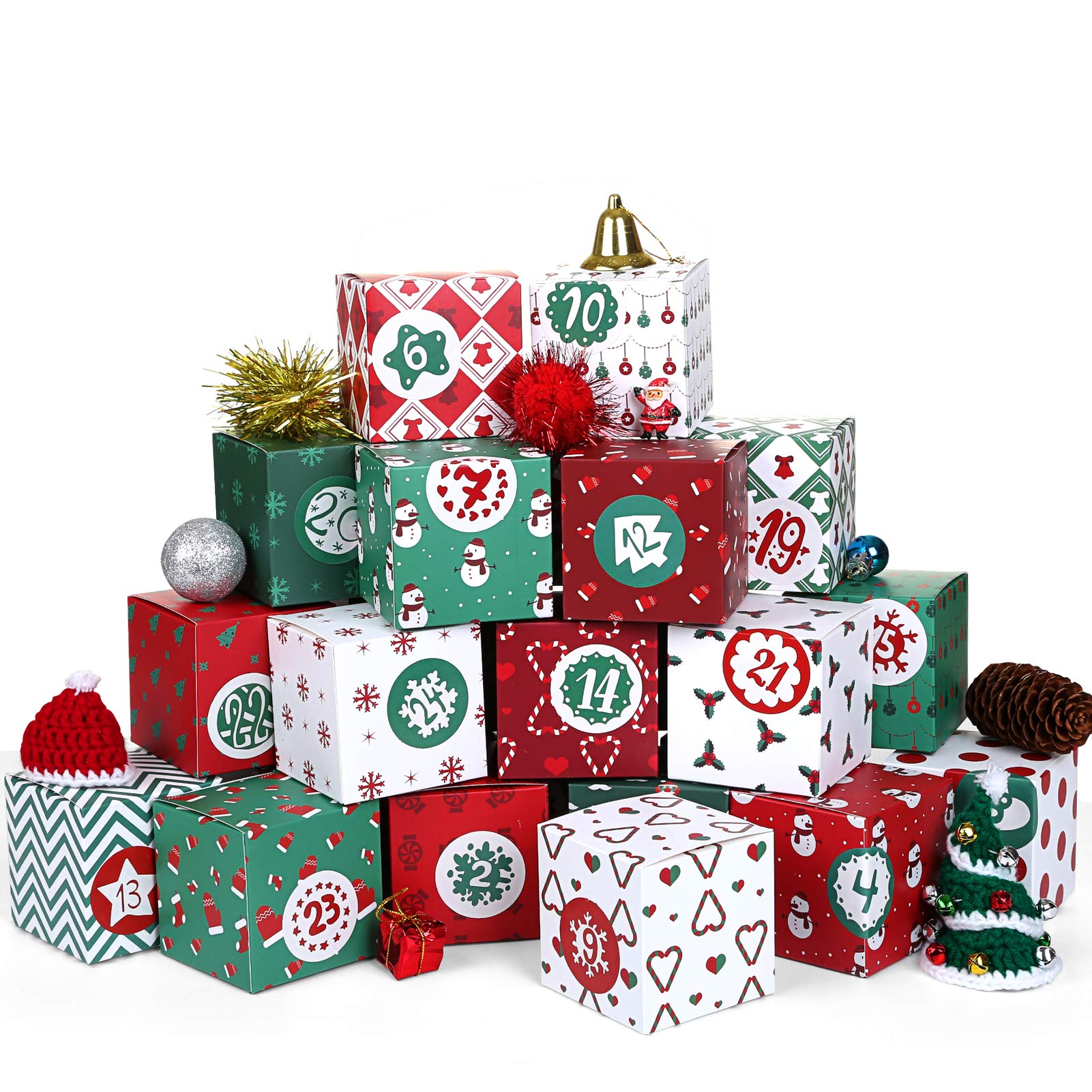 KESOTO DIY Christmas Advent Calendar 2024, 24 Cardboard Treasure Boxes with 1-24 Number Stickers Christmas Countdown Calendar fo