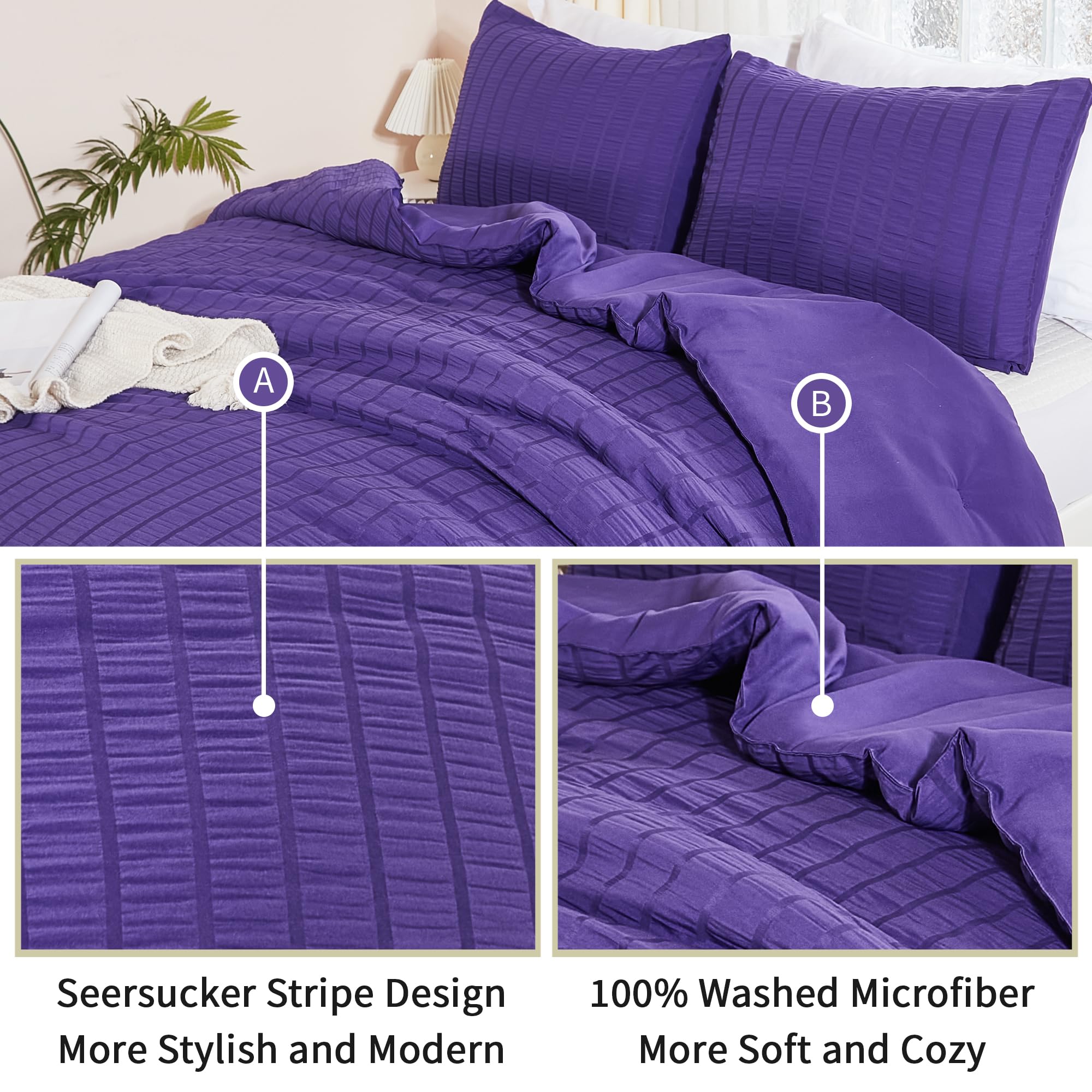 Avelom Dark Purple Seersucker California King Comforter Set (104X96 Inches), 3 Pieces-100% Soft Washed Microfiber Lightweight Comforter With 2 Pillowcases, All Season Down Alternative Bedding Set