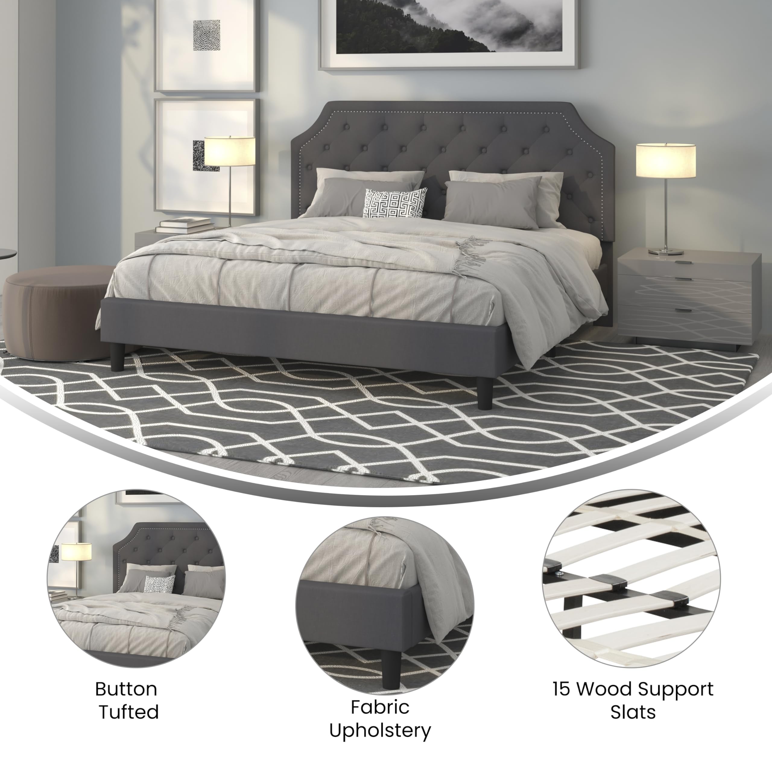 Flash Furniture Brighton King Size Tufted Upholstered Platform Bed In Dark Gray Fabric
