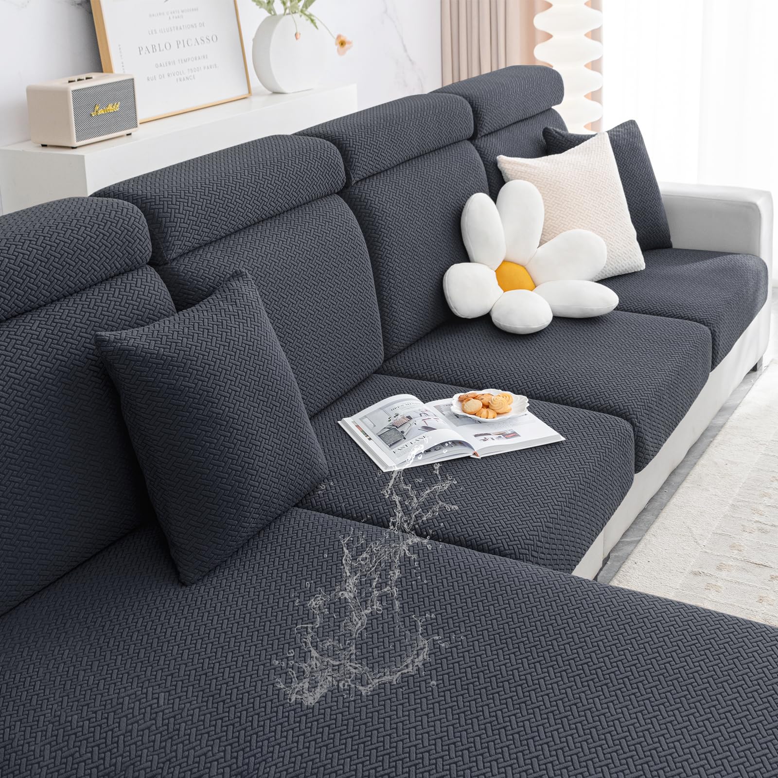 Smiry Waterproof Couch Cushion Covers, Stretch Jacquard Sectional Couch Covers, L Shape Chaise Lounge Sofa Slipcover, Washable Elastic Furniture Protector For Pets, Kid (Large, Dark Grey)