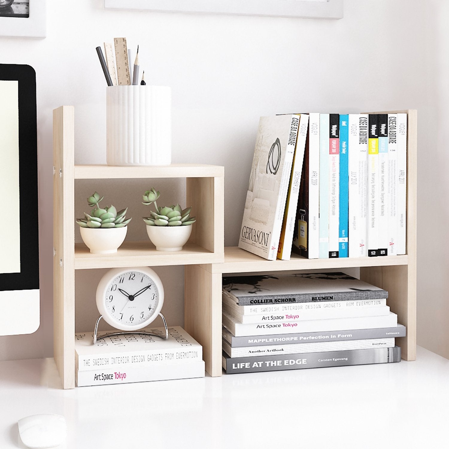 Jerry & Maggie Desktop Organizer Office Storage Rack Adjustable Wood Display Shelf, White, 5 Units, 16'L X 15.8'H X 6.8'W