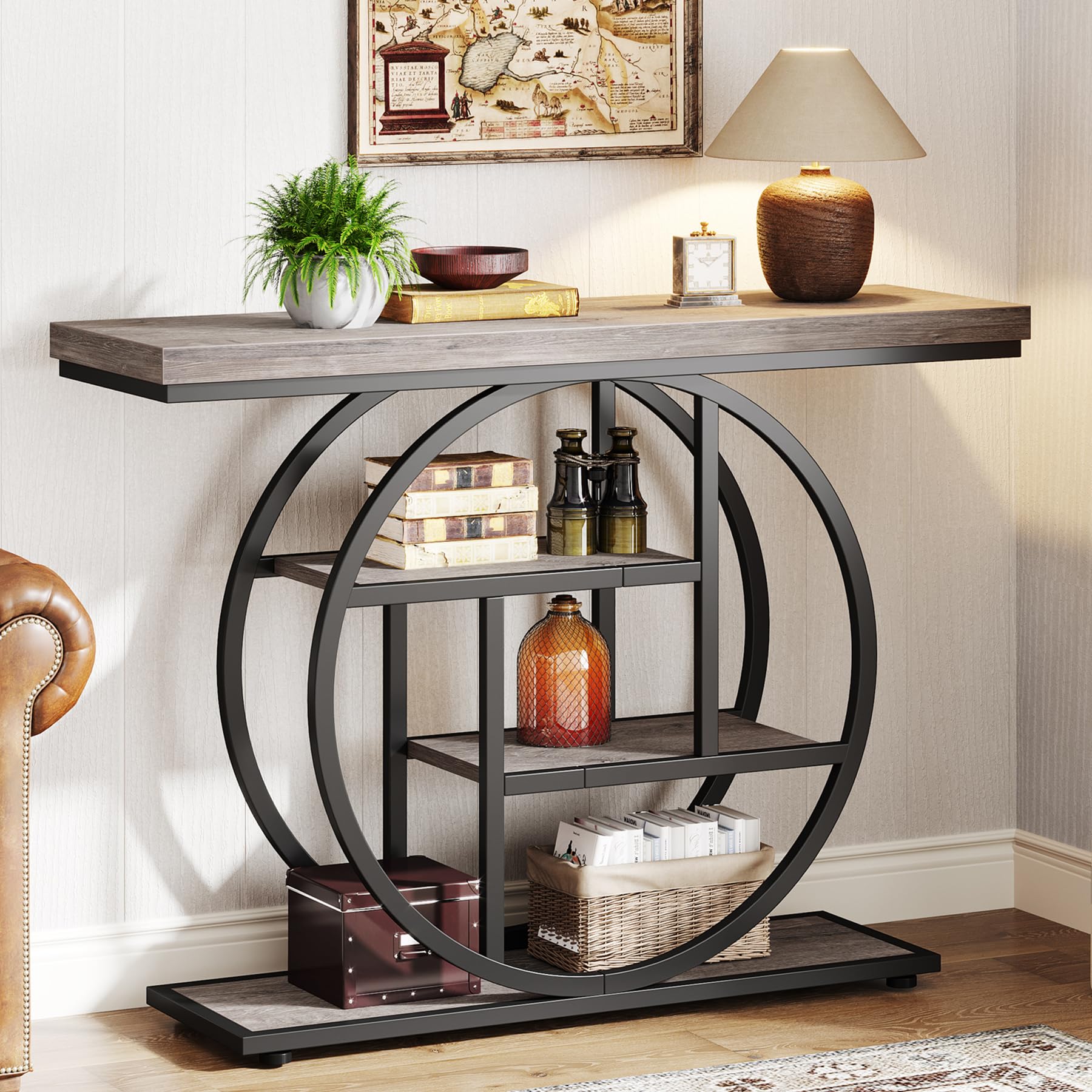 Tribesigns 41.3'' Console Table, Industrial 4-Tier Sofa Table Entryway Table with Circle Base, Narrow Wood Accent Tables with St