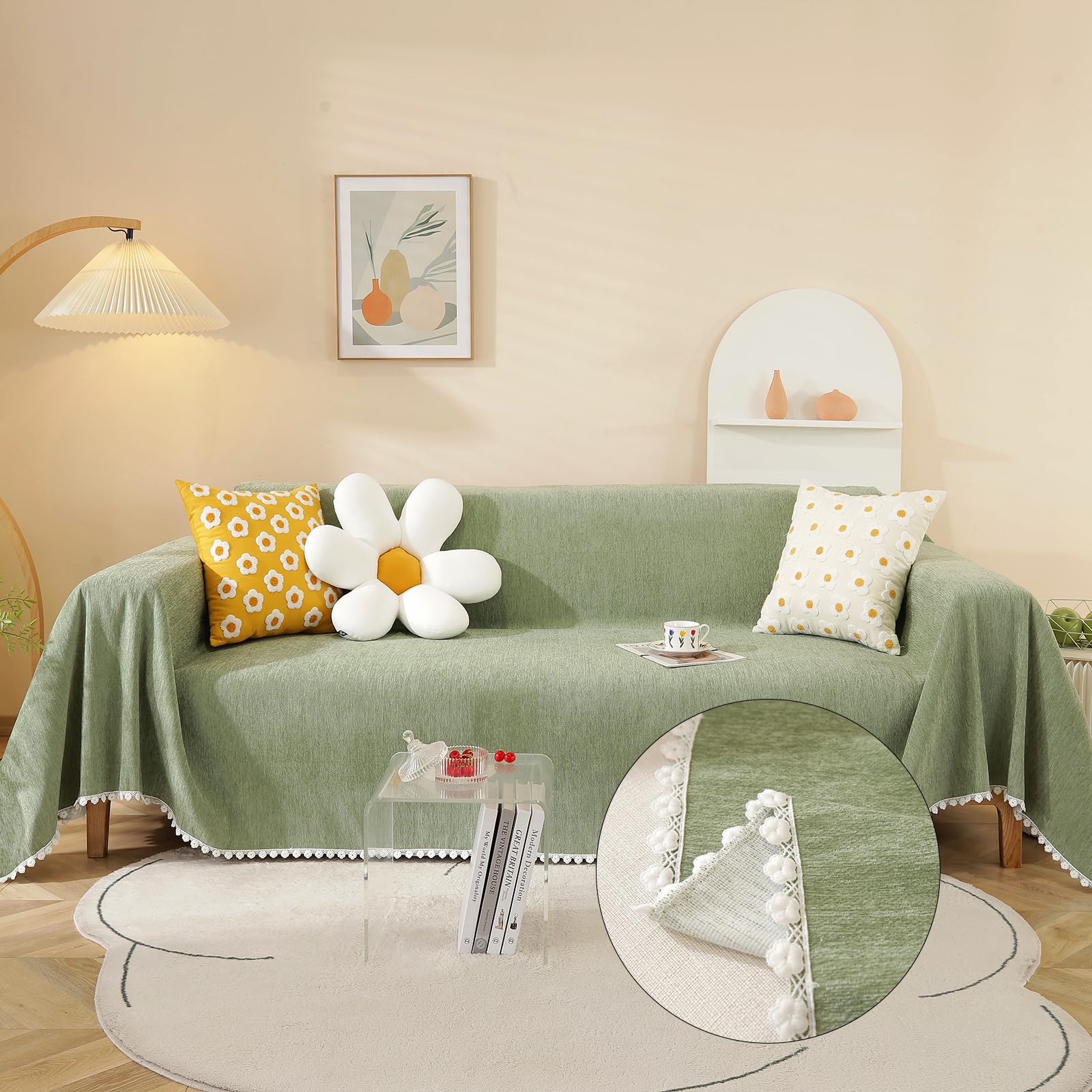Handontime Couch Cover, Sofa Covers, Sage Couch Cushion Cover Dog Furniture Protector For Living Room Chenille Couch Throw Cover Soft Thick Machine Washable Throw Blankets Sofa Slipcovers, 71' X134'