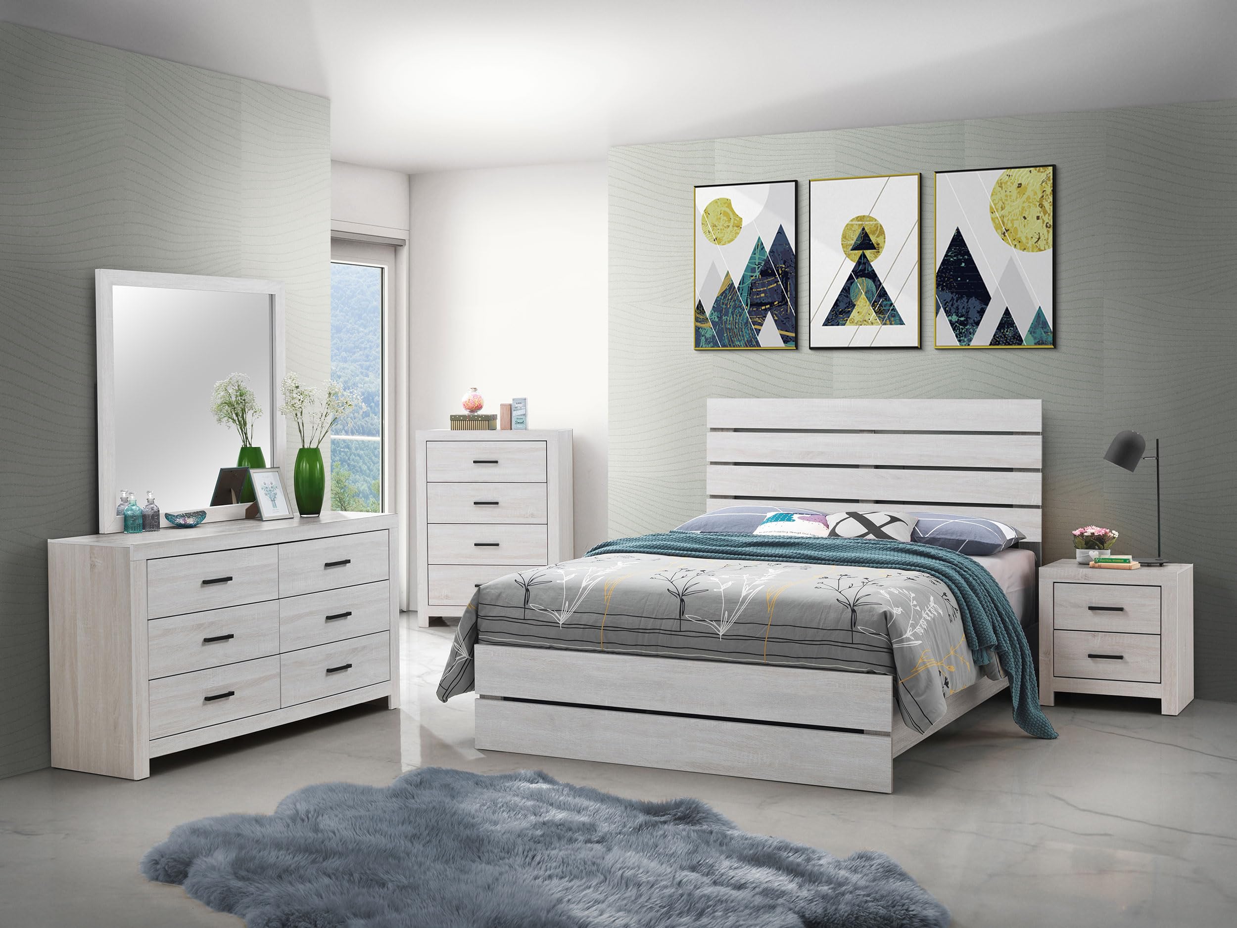 Coaster Home Furnishings Brantford Farmhouse 5-Piece Bedroom Set Eastern King Size Panel Bed Frame 52-inch Headboard Coastal White 207051KE-S5