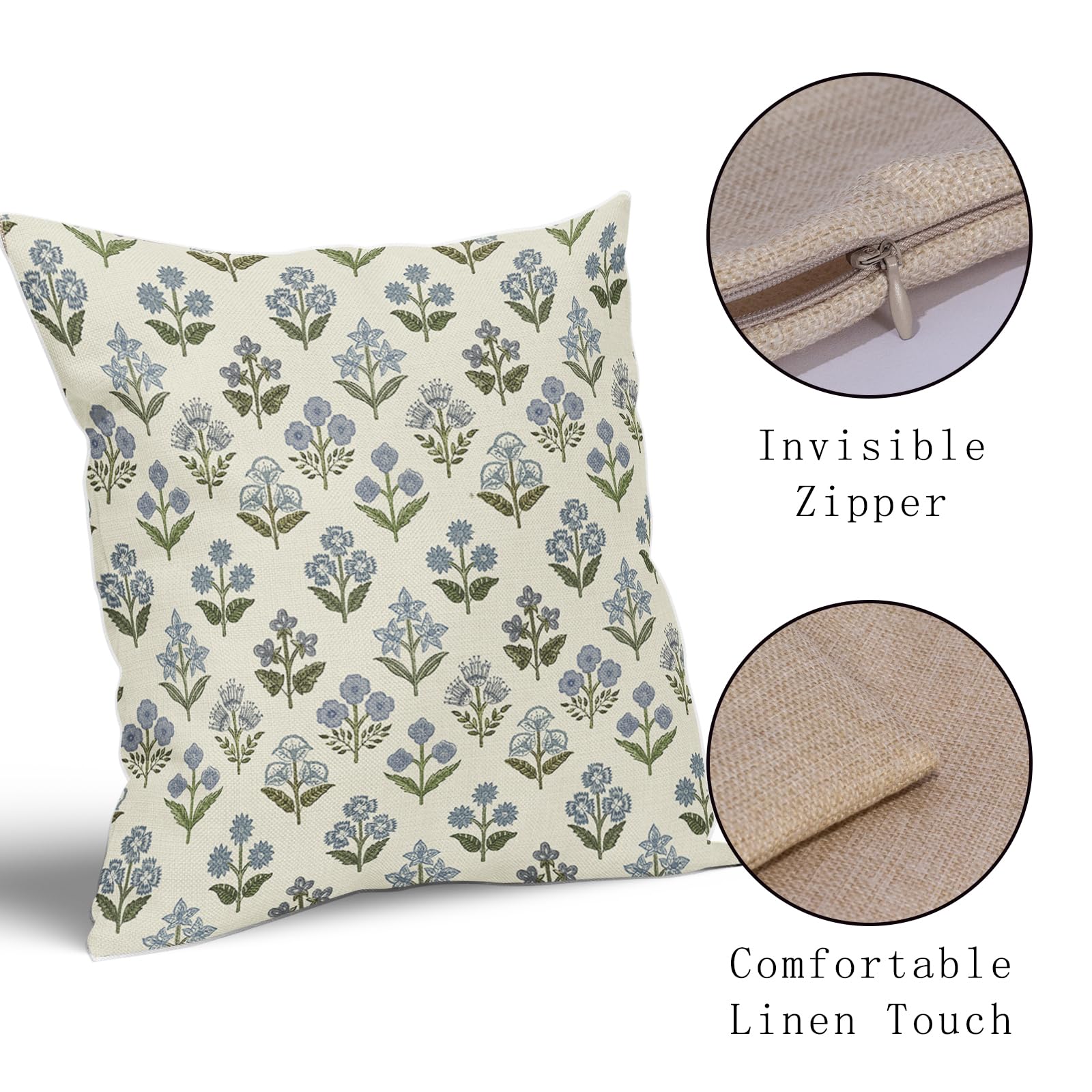 Sivirary Blue Green Block Print Pillow Covers Set of 2, 20x20 Inch Vintage Floral Decorative Throw Cushions for Sofa and Bed