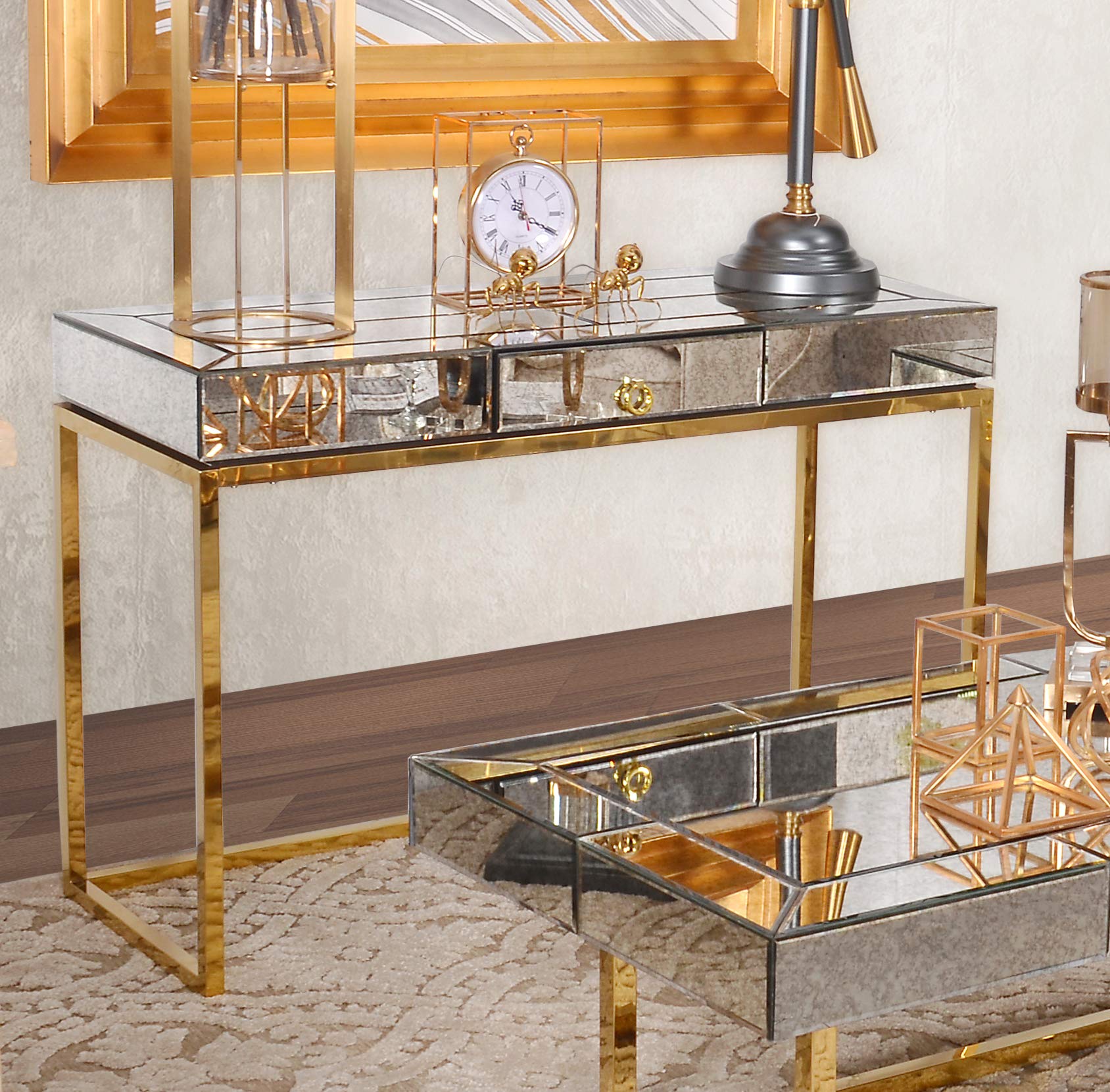 Afd Home Hollywood Glam Antiqued Mirrored Greek Gold Design Console Sofa Accent Table