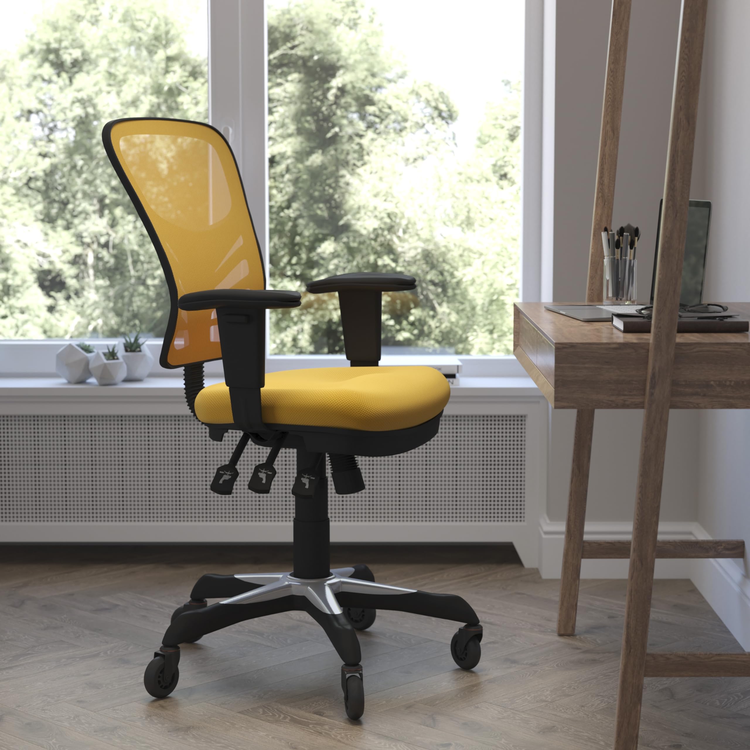 Flash Furniture Nicholas Mid-Back Yellow-Orange Mesh Multifunction Executive Swivel Ergonomic Office Chair With Adjustable Arms And Transparent Roller Wheels