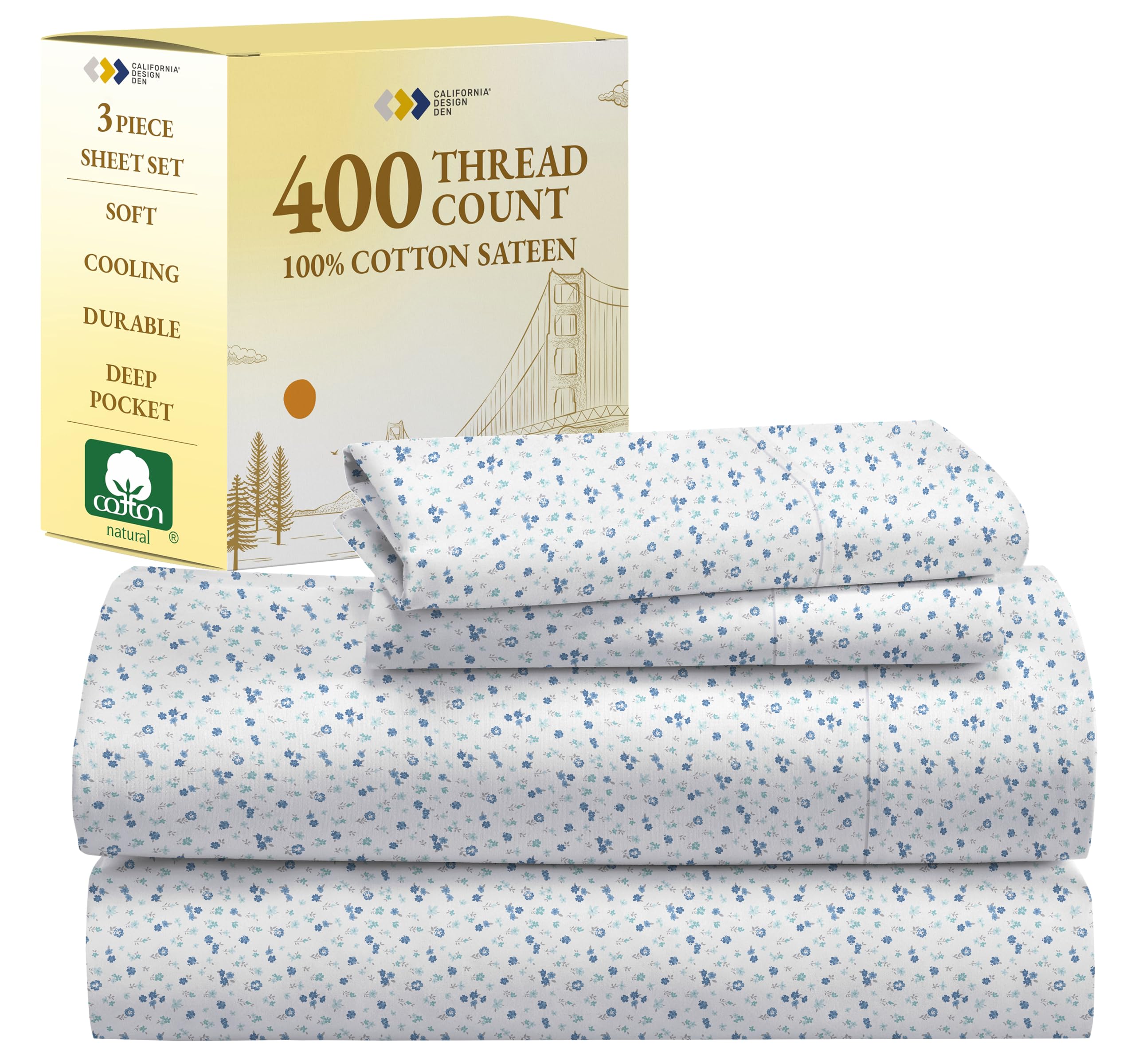 California Design Den Floral Sheets Pattern Twin Sheet Set - Luxury 400 Thread Count 100% Cotton Sheets (Blooming Meadows)