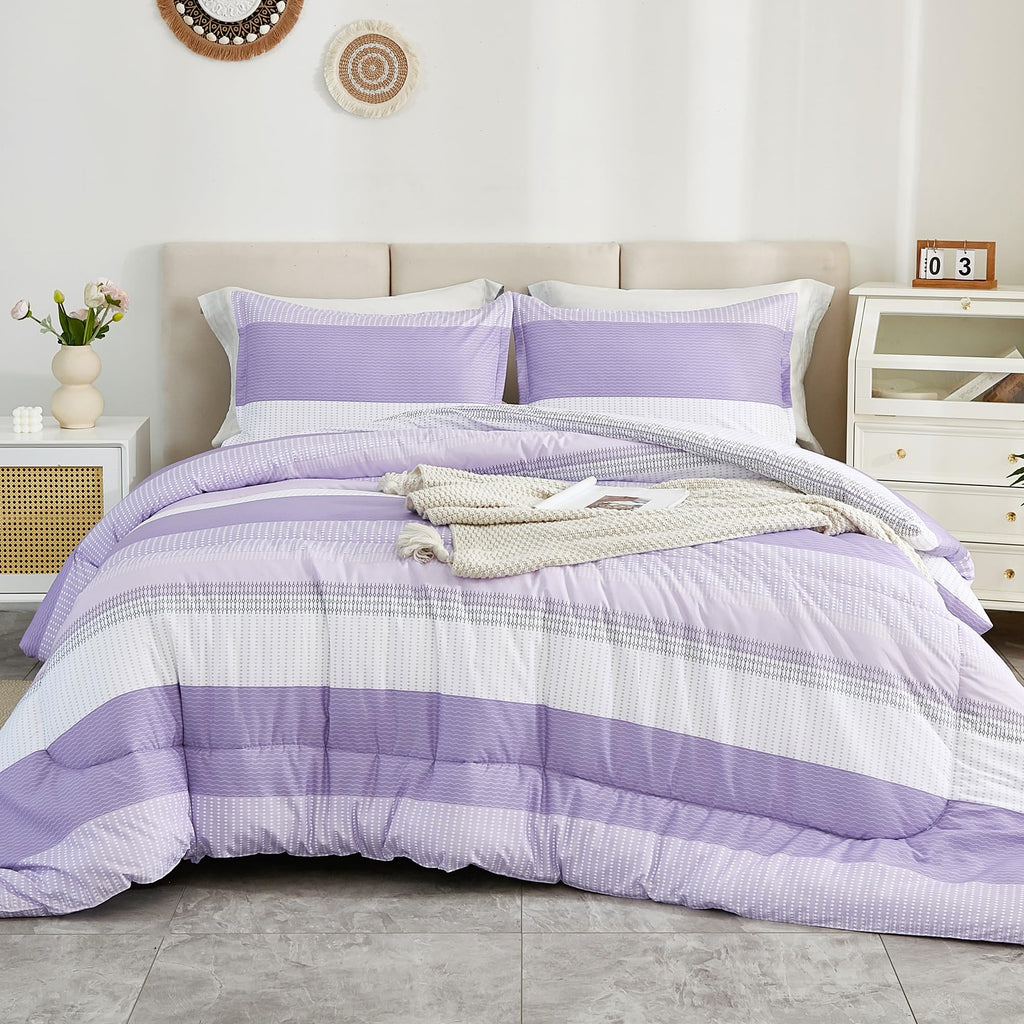 Litanika Lavender Comforter Set King - 3 Pieces Lightweight Lavender Purple White Colorblock Stripe Fluffy Bedding Comforter Set