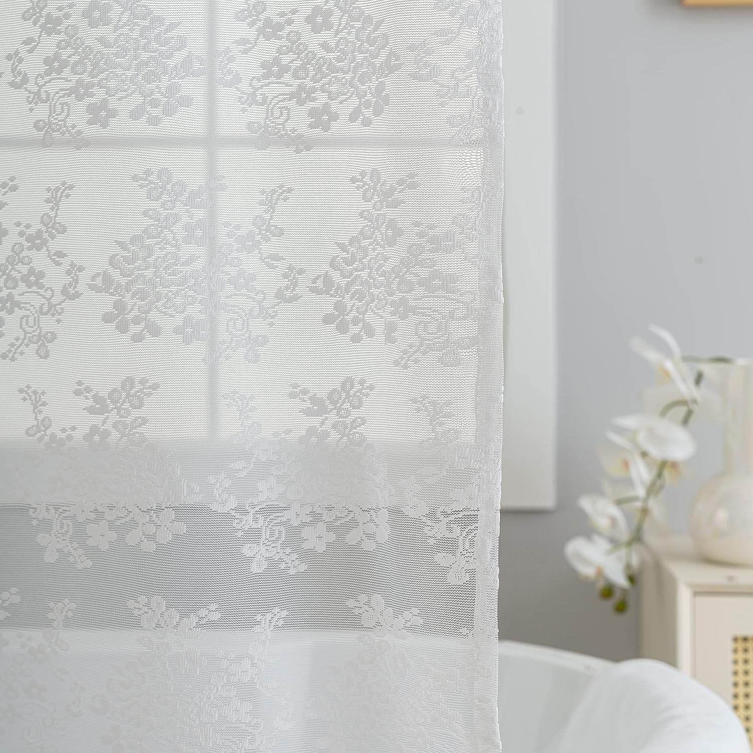 Tudeco Extra Long White Lace Shower Curtain With Attached Valance, 84 Inch Long Scalloped Edge Cottage Core Shower Curtain, 72 X