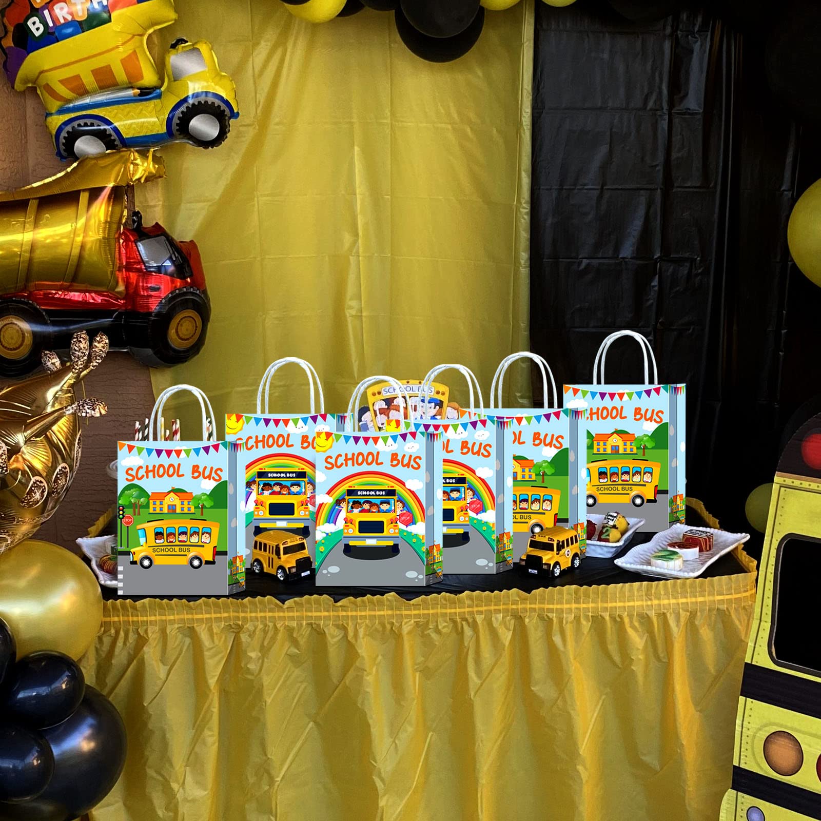 16 Pieces School Bus Goodie Bags For School Bus Birthday Party Supplies,School Bus Gift Snacks Treat Candy Party Favors Bags Wit