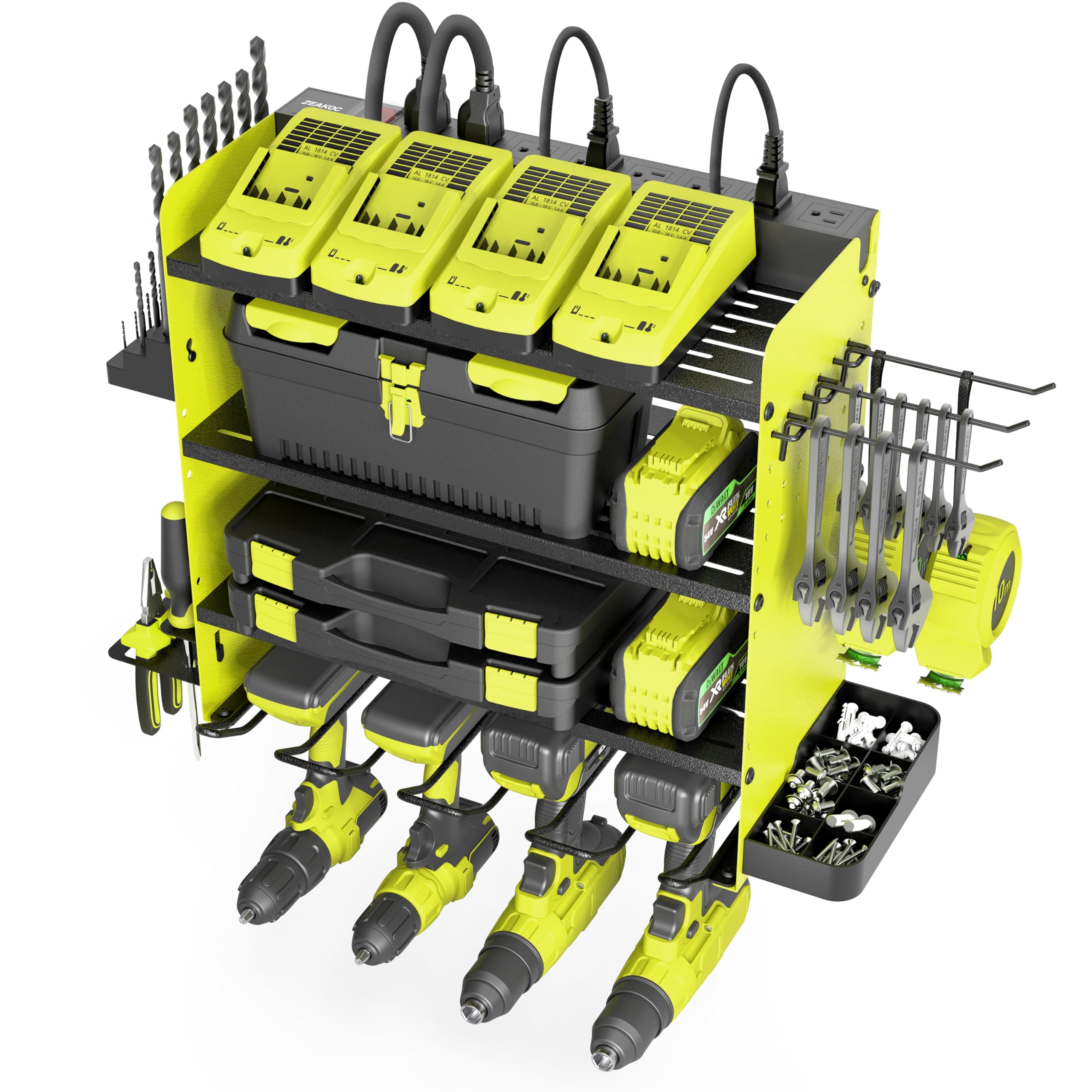 Zeakoc Power Tool Organizer With Charging Station, 4 Layers Drill Holder Wall Mount,Metal Garage Rack With Power Strip,Tool Shel