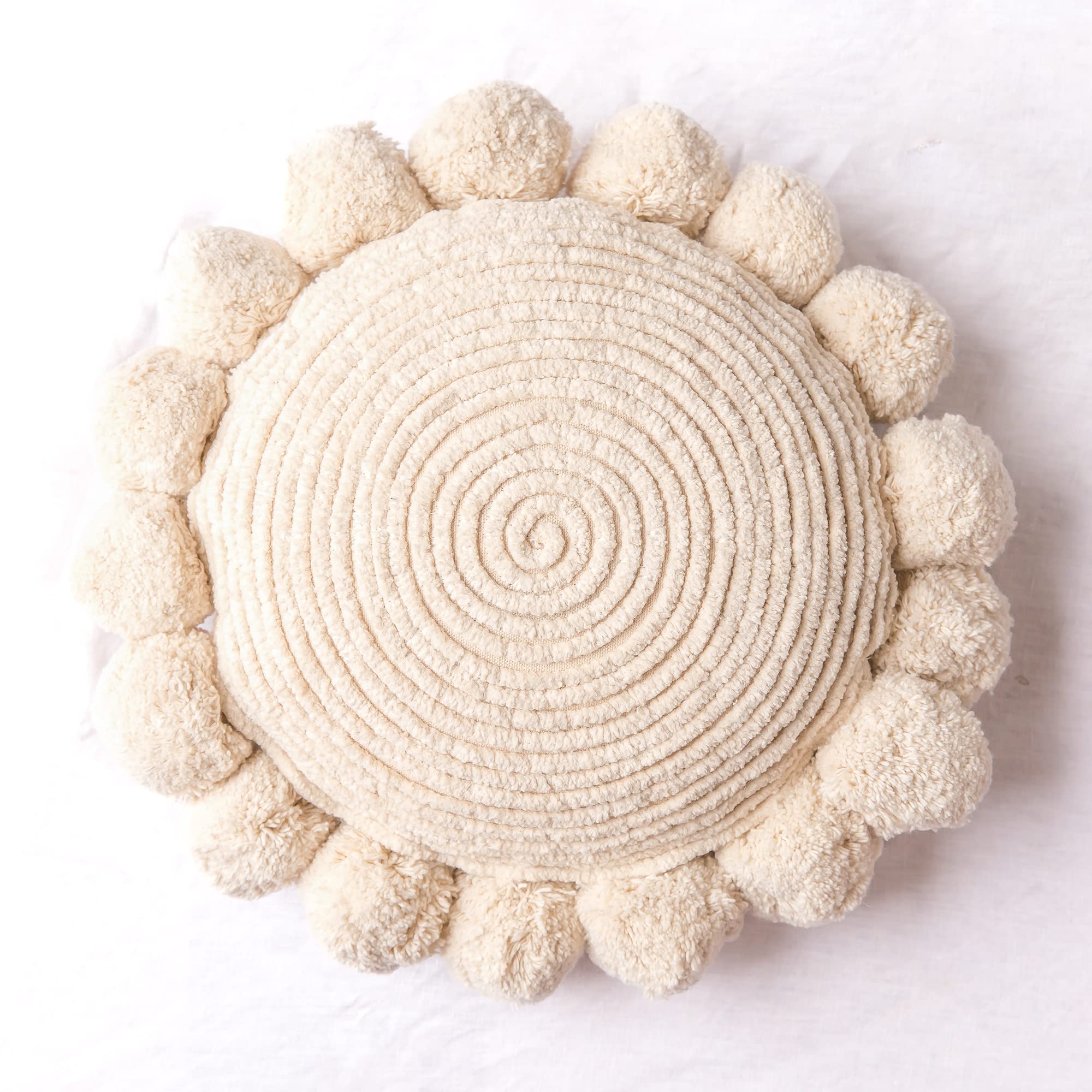 Banilla Bohemian Round Pillow Cover 12 Inch | 100% Cotton Decorative Pillow Hand Tufted With Chunky Textured Poms | Boho Throw P