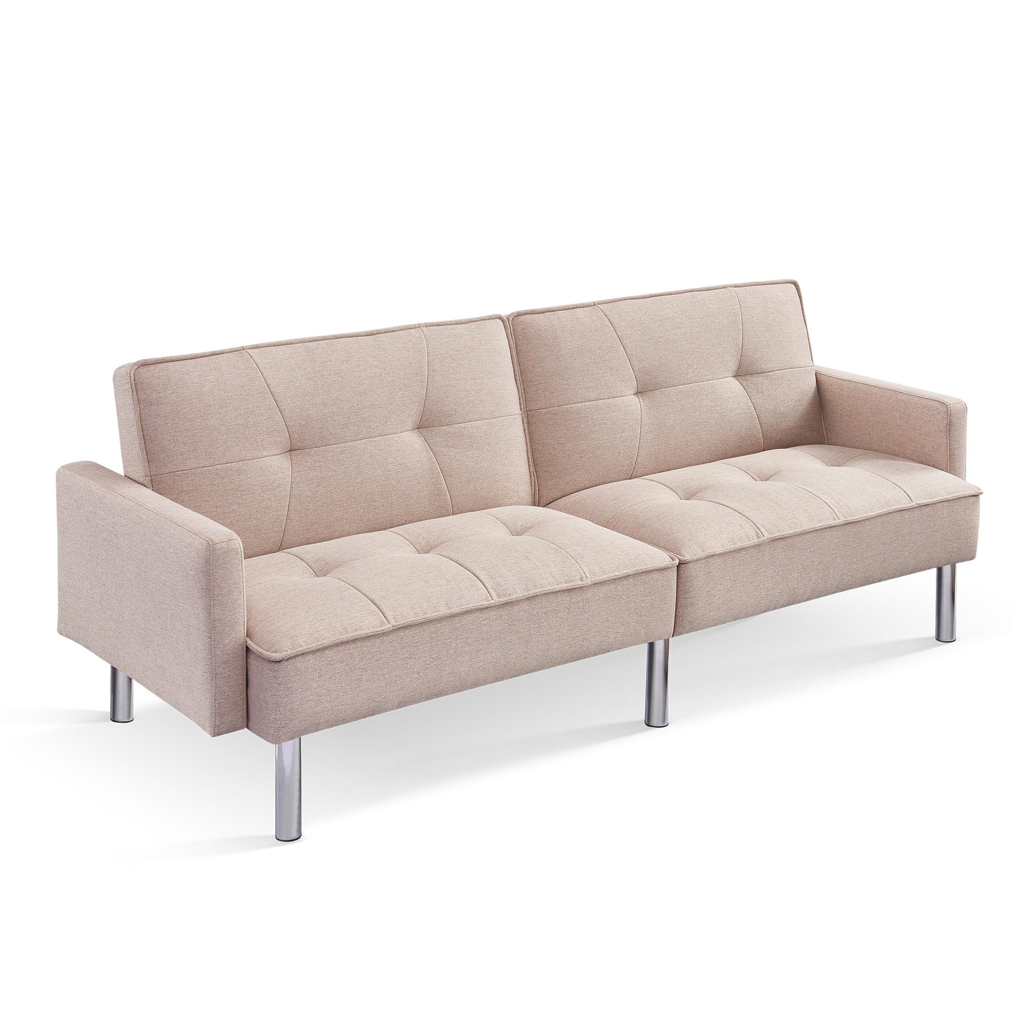 American Furniture Classics Beige Tufted Futon Convertible Sofa Sleeper with Two Throw Pillows Velvet, 85" x 35" x 35"