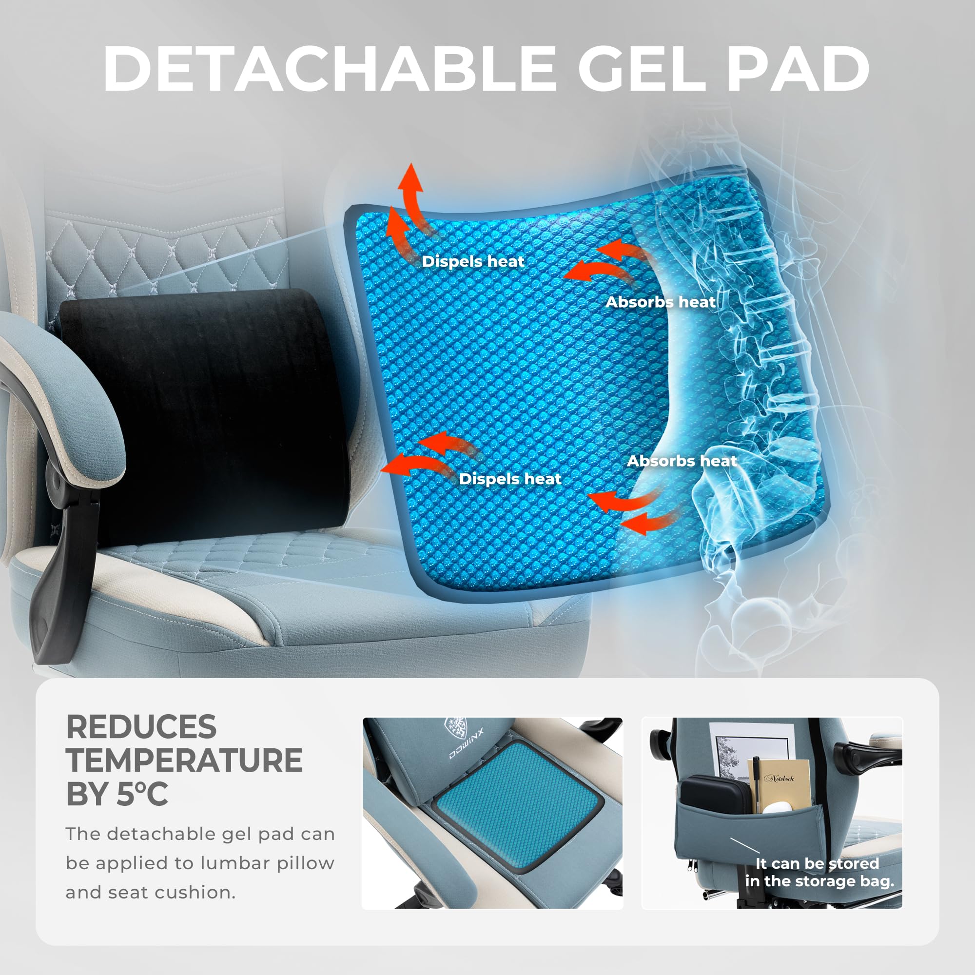 Dowinx Gaming Chair Breathable Fabric Computer Chair With Pocket Spring Cushion, Comfortable Office Chair With Gel Pad And Storage Bag,Massage Game Chair With Footrest,Blue