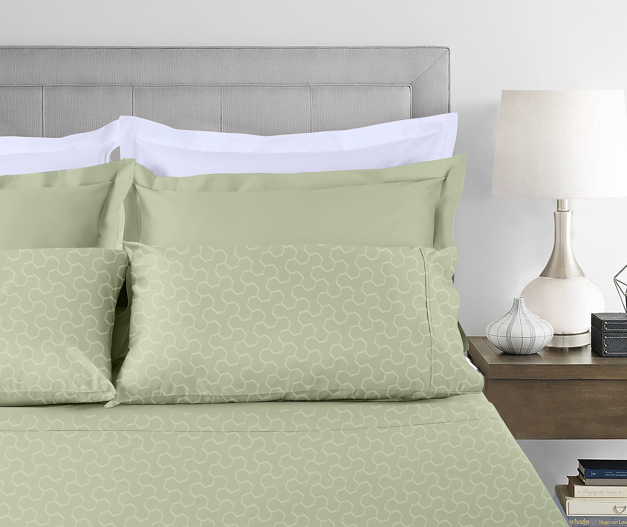 Threadmill 500 Thread Count Full Size 4 Pc Luxury Cotton Sheet Set, Jacquard Floria Sage Green, Silky Smooth Sheets With 16'' El