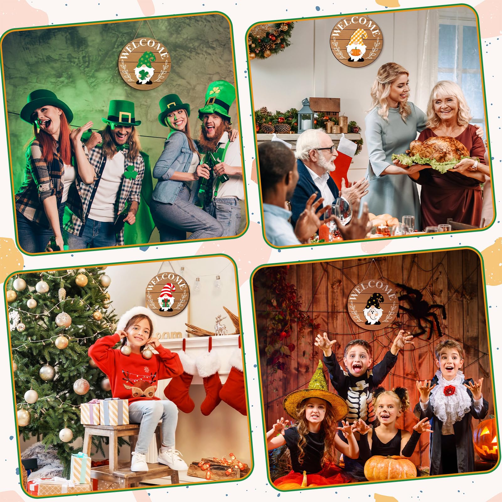 Qunclay Interchangeable Wooden Gnome Decor Holiday Seasonal Gnome Decorations with Magnet Pieces and Detachable Hats Changeable Welcome Sign for Home