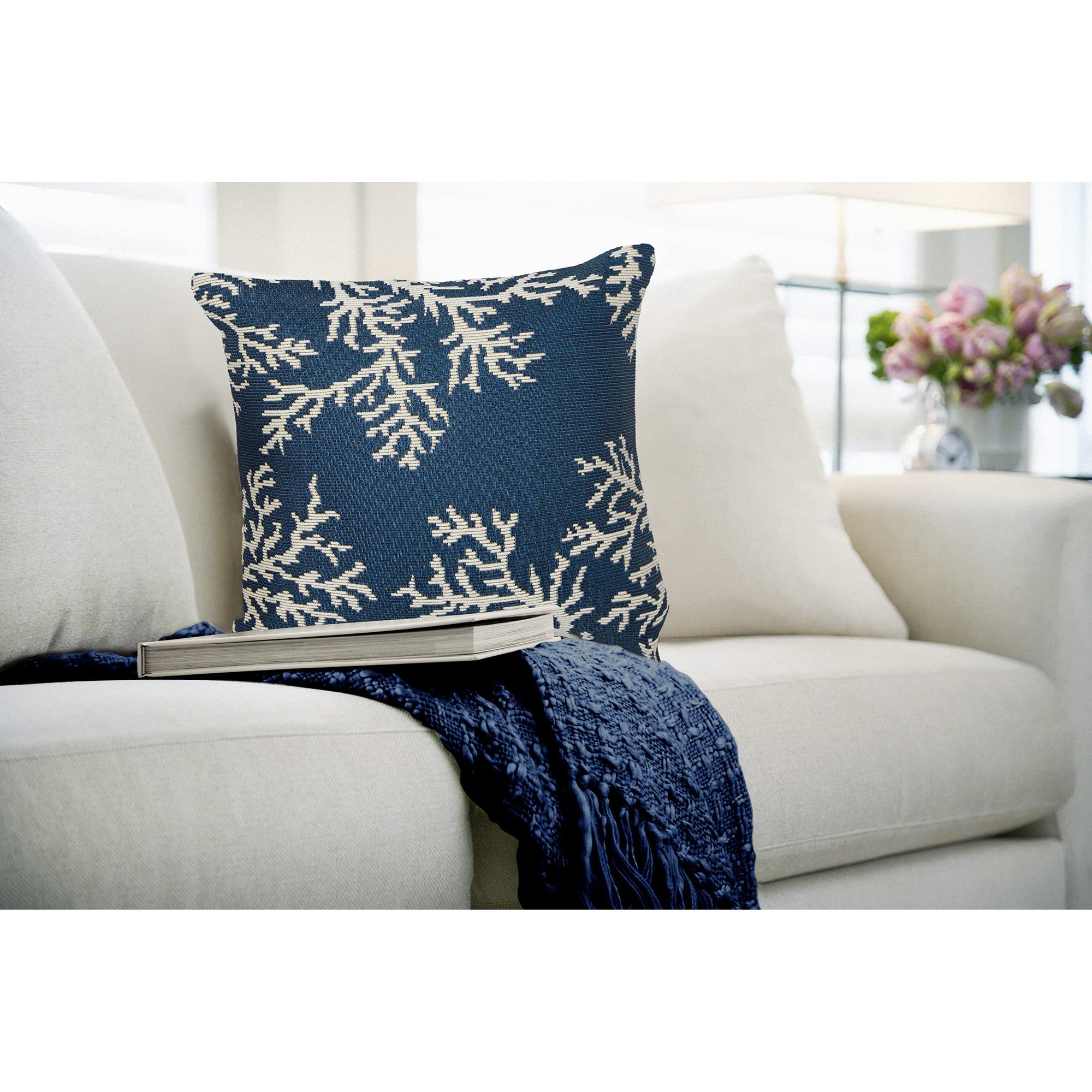 Liora Manne Marina Indoor/Outdoor Power Loomed Easy Care Pillows, 18 X 18-Inch, Coral Edge Navy