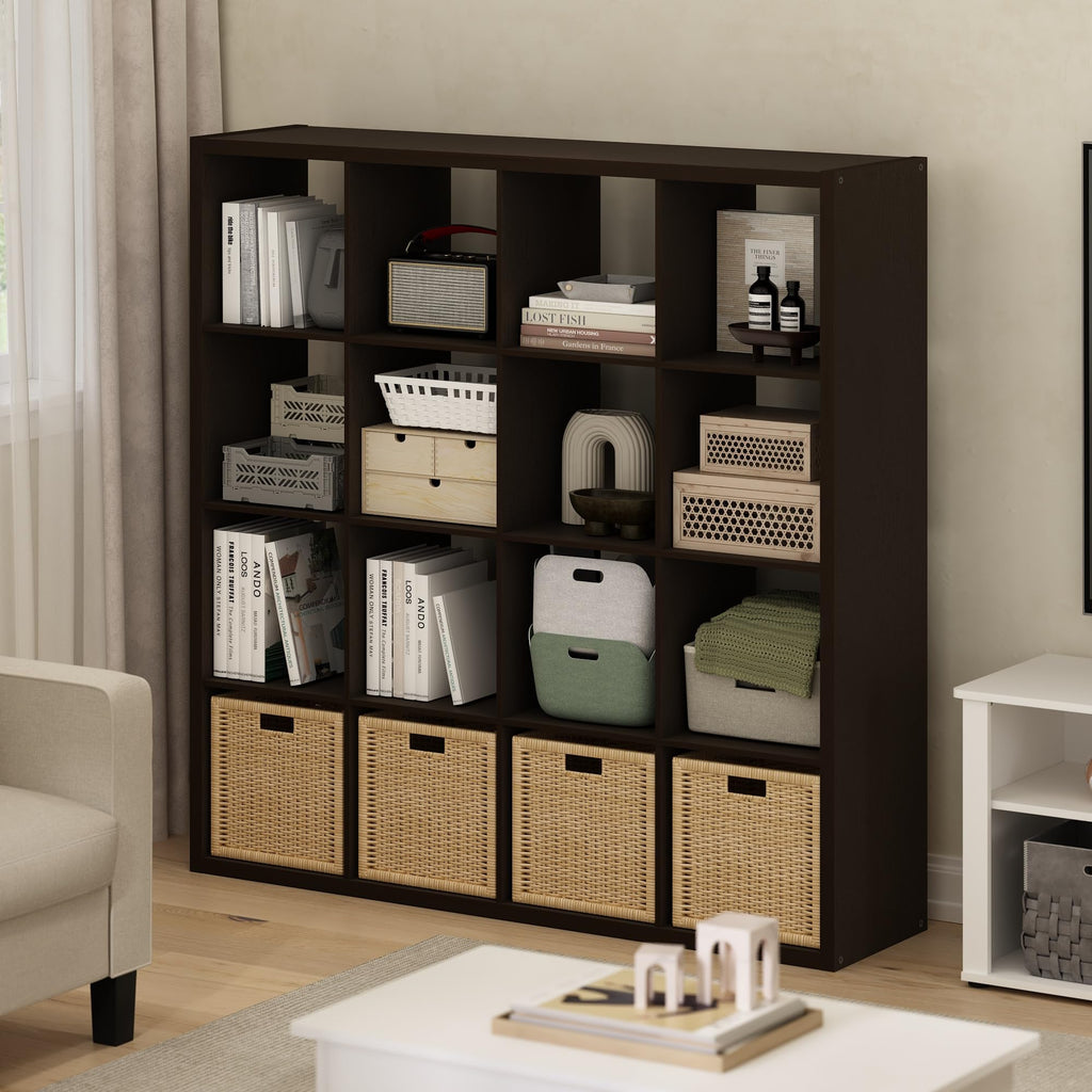 Furinno Cubicle Open Back Decorative Cube Storage Organizer, 16-Cube, Dark Oak