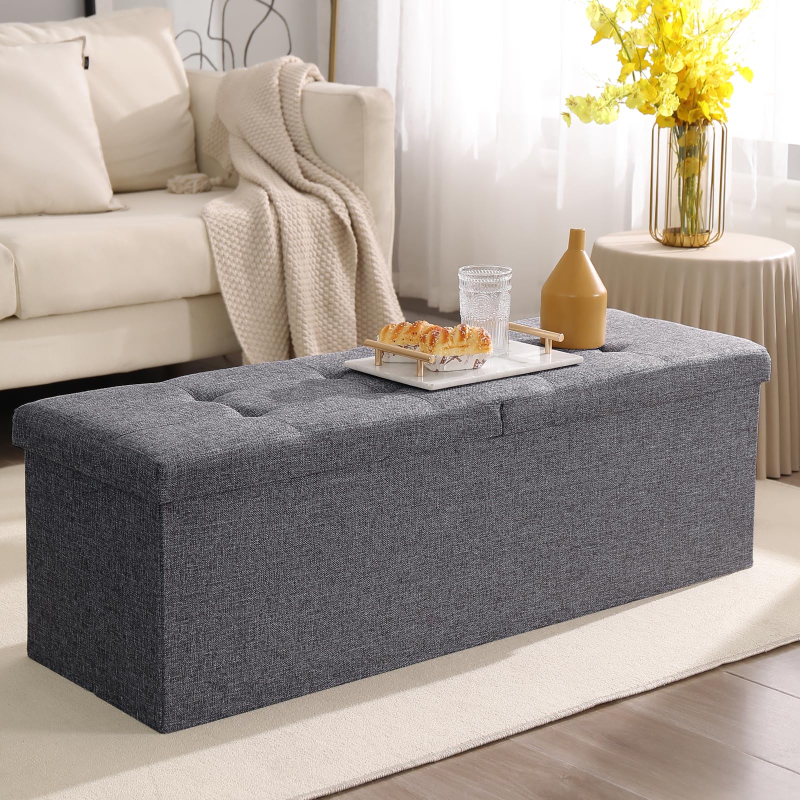Cuyoca 45.3 Inches Storage Ottoman Bench Foldable Seat Footrest Shoe Bench End Of Bed Storage With Flipping Lid, 166L Storage Space, Linen Fabric Dark Gray