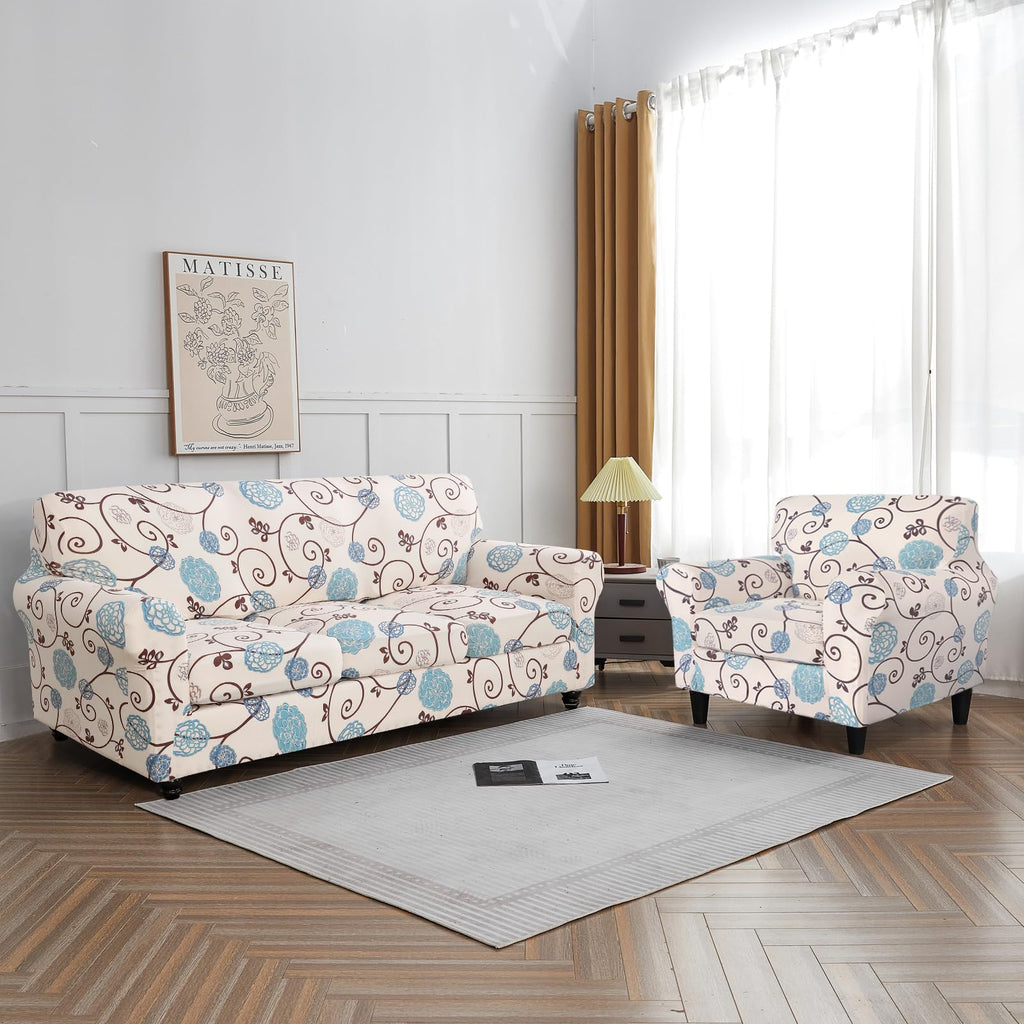 Searchi Stretch Sofa Cover Printed Couch Cover, Floral Pattern 3 Pieces Loveseat Slipcover With 2 Separate Cushion Cover, Washable Furniture Protector For Living Room(Loveseat, Ball Flower)