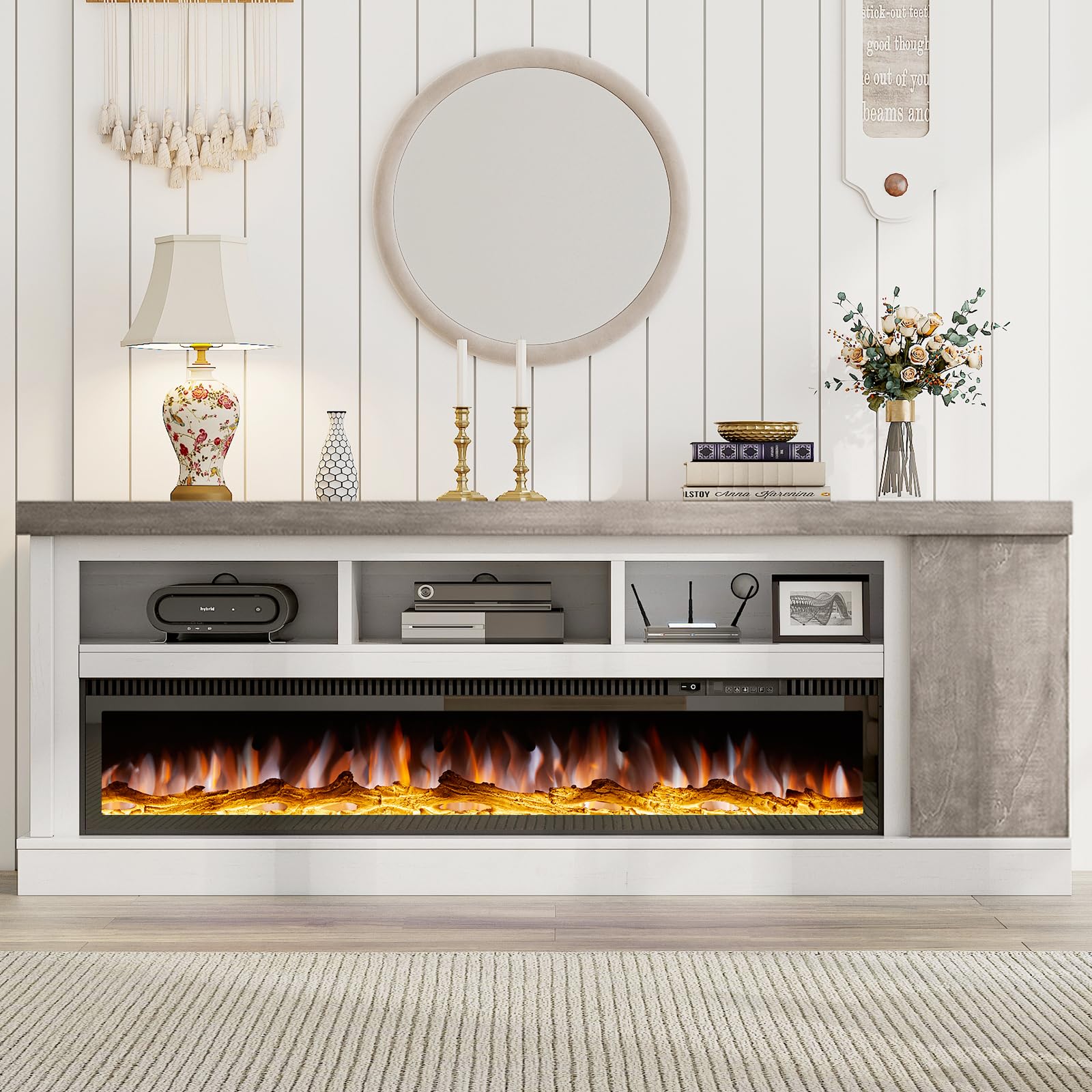 75  Fireplace TV Stand with 60  Glass Electric Fireplace, Color Contrast Rustic Media Entertainment Center with Storage for TVs 