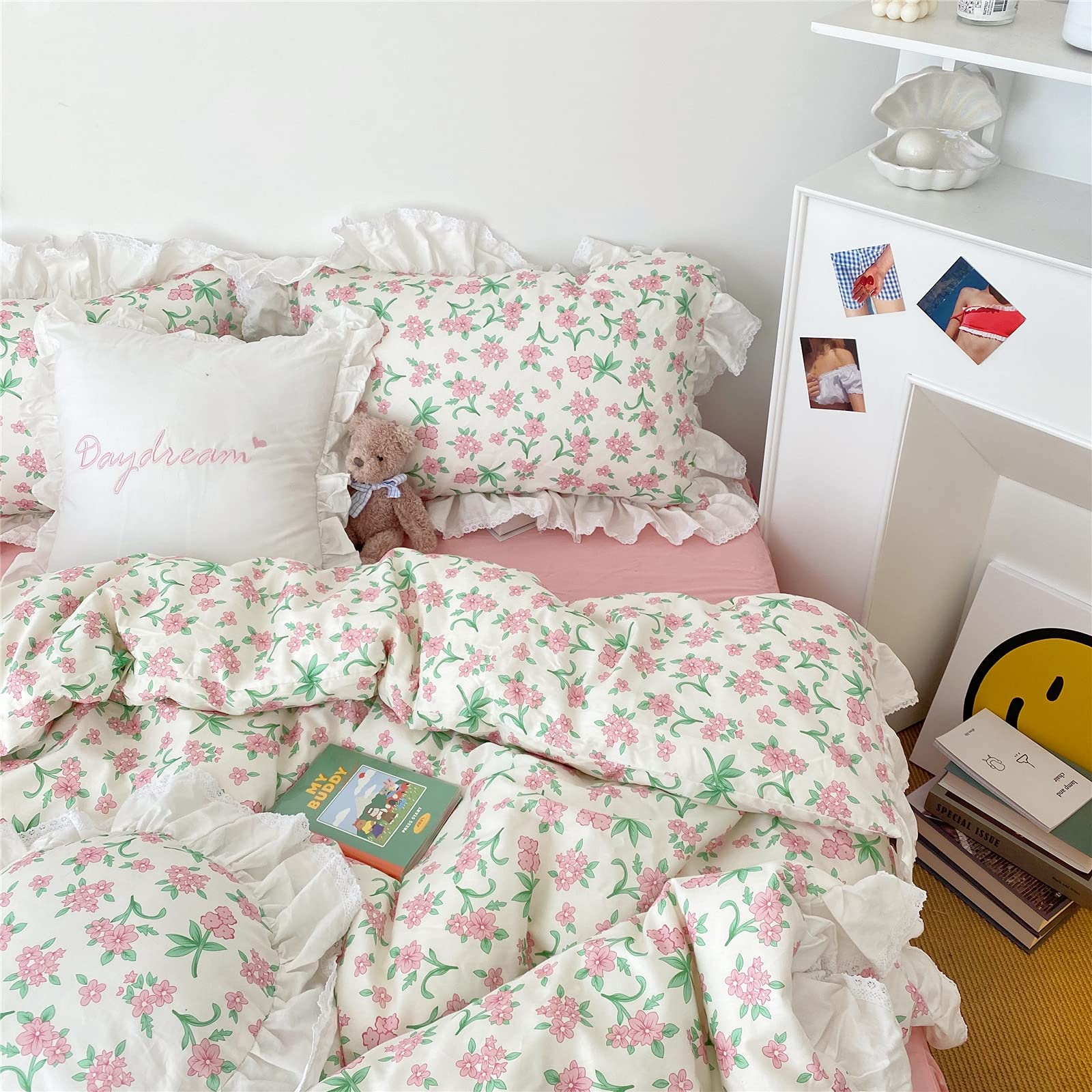 VM VOUGEMARKET Pink Flower Duvet Cover Set Full Ruffle Girls Bedding Set,100% Cotton Princess Lace Duvet Cover with Zipper Closu