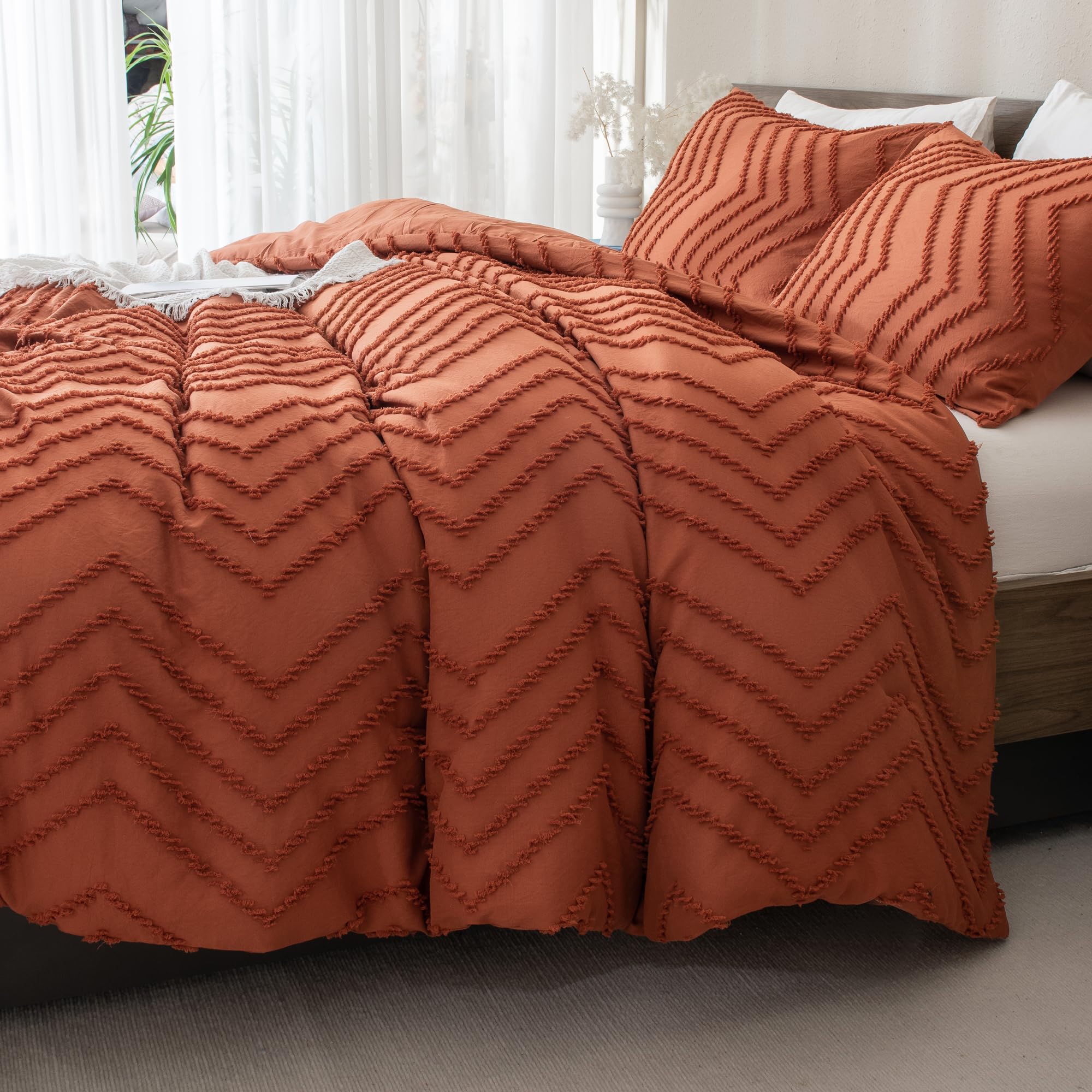 Andency Burnt Orange King Size Comforter, Boho Terracotta Soft Warm Bedding Comforter Sets For King Bed, 3 Pieces Rust Chevron Tufted Aesthetic Microfiber Lightweight Comforter Set