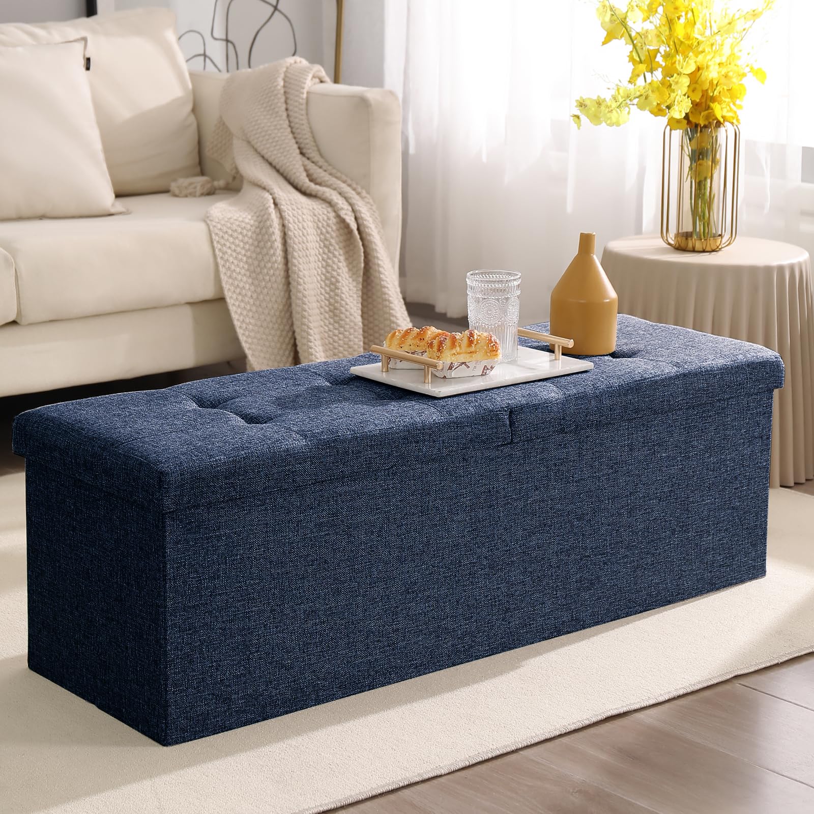 Cuyoca 45.3 Inches Storage Ottoman Bench Foldable Seat Footrest Shoe Bench End Of Bed Storage With Flipping Lid, 166L Storage Space, Linen Fabric Navy
