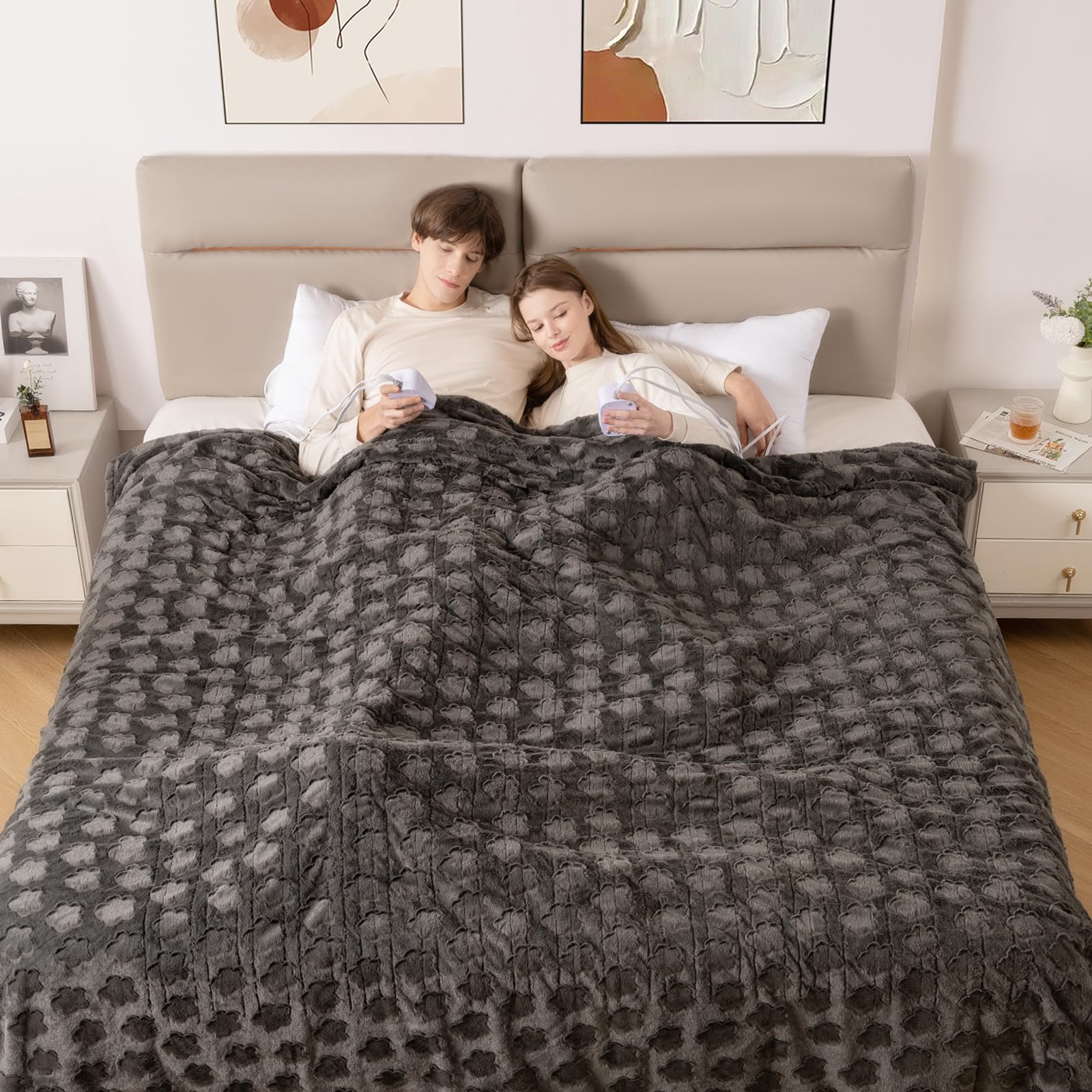 Bearhug Electric Blanket King Size 100' X 90', Dual Controller Heated Blanket, Grey Flower Patterns Faux Fur & Warm Sherpa, 10
