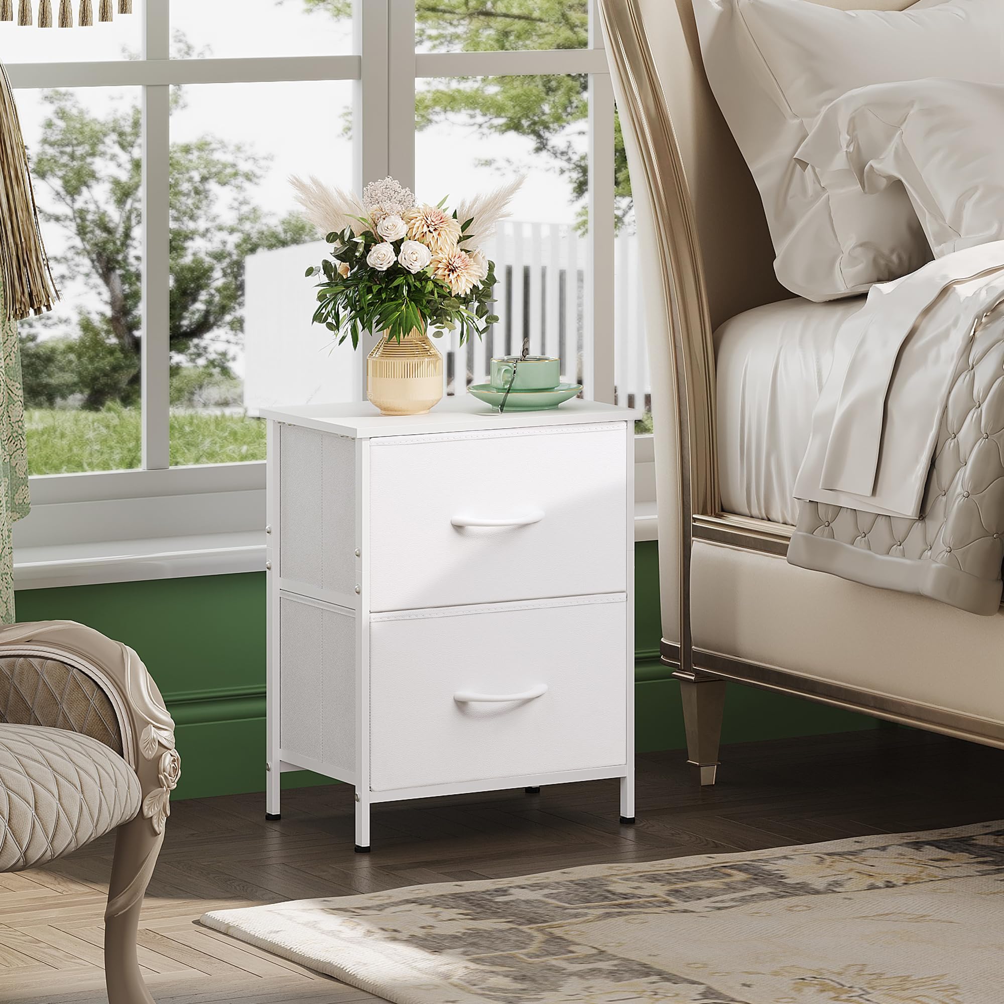 WLIVE White Night Stand with 2 Fabric Drawers and Wooden Top, Bedside Table for Bedroom