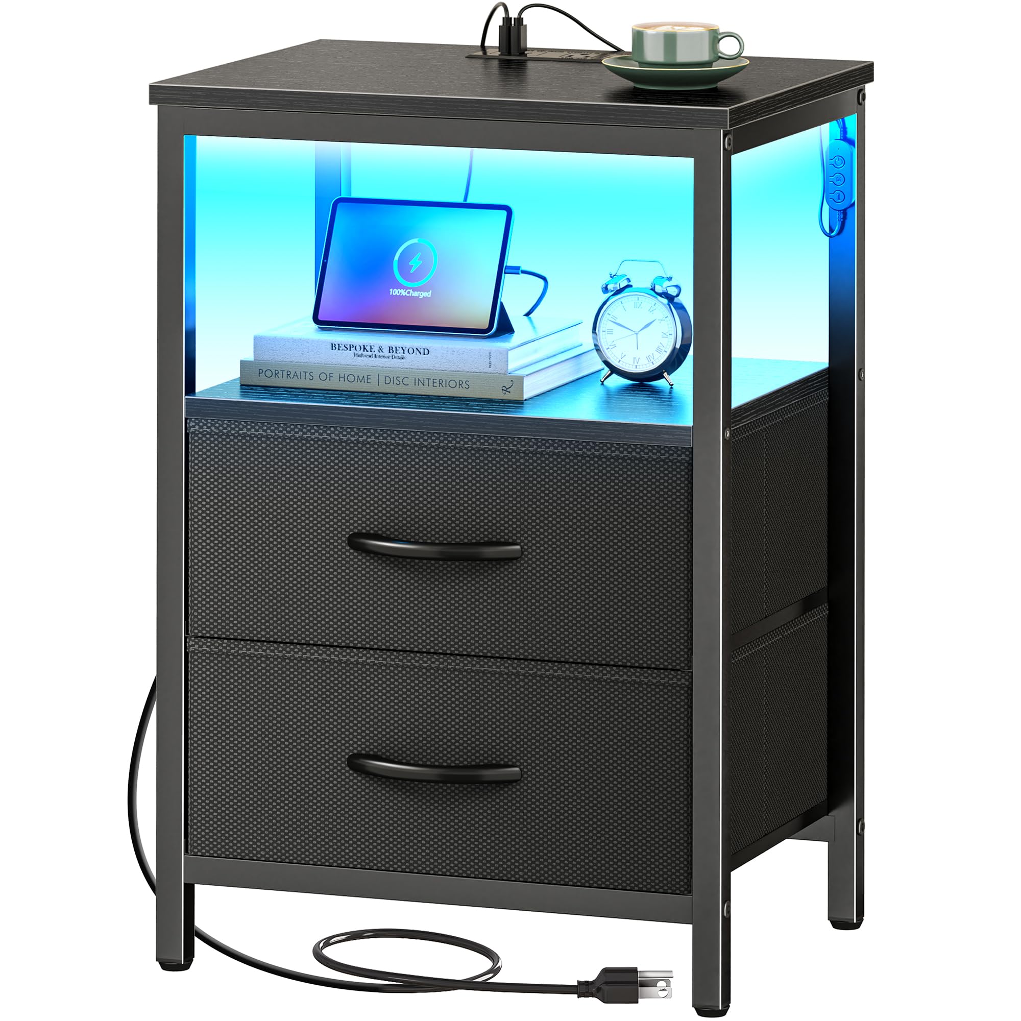 Huuger Night Stand With Charger Station And Led Lights, 2 Drawer Nightstand, Bed Side Table With Open Shelf, End Table, Fabric Dresser For Bedroom, Black
