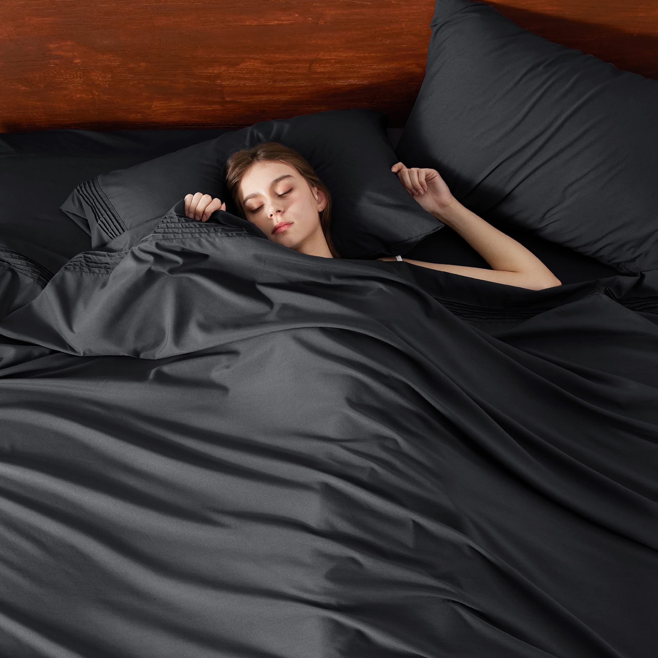 Bedsure Full Size Deep Pocket Sheets Set - Black, 4 Piece Moisture Wicking Cooling Bedding for Mattresses Up to 21 Thick