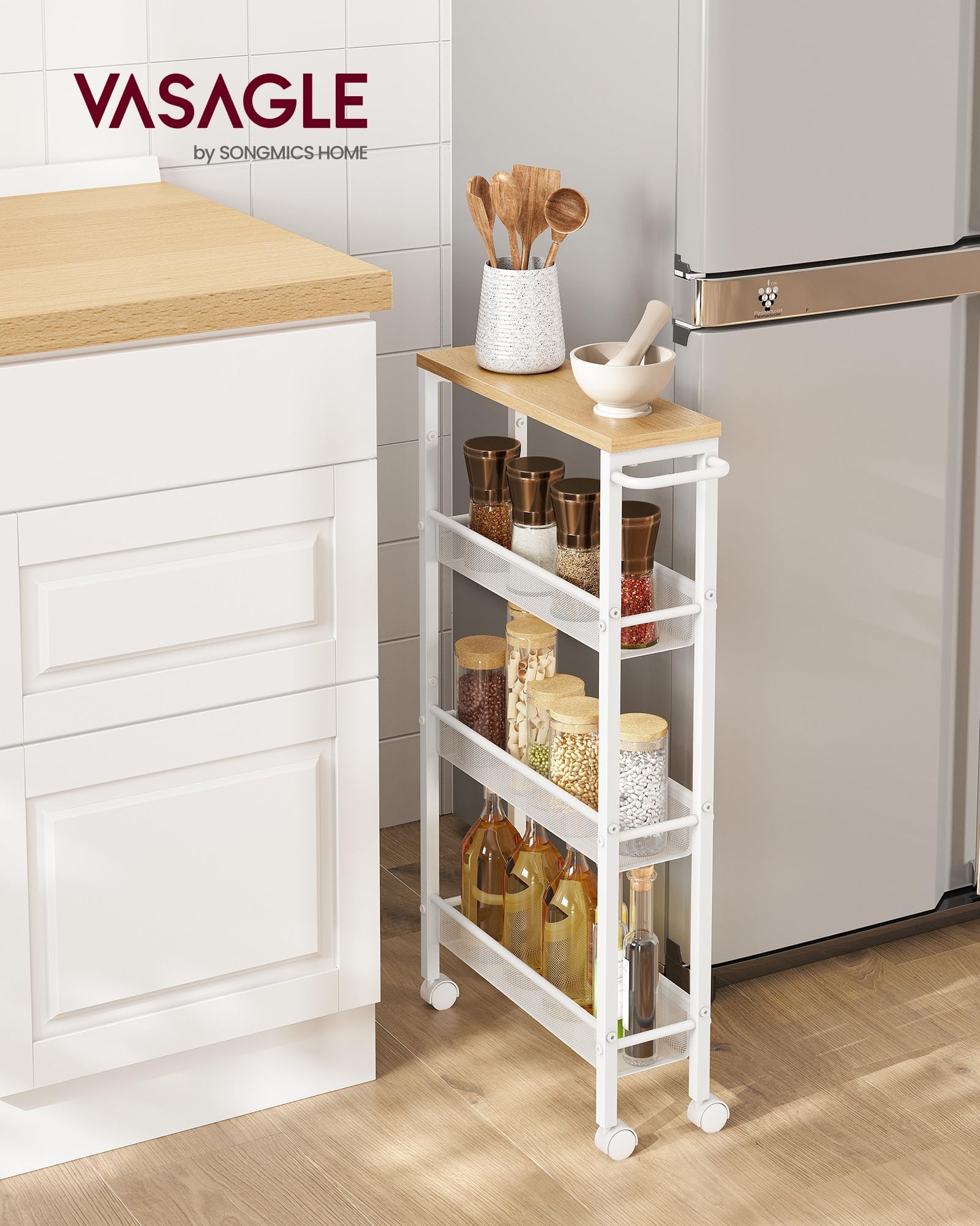 Vasagle Slim Rolling Cart, 4-Tier Storage Cart, Narrow Cart With Handle, 5.1 Inches Deep, Metal Frame, For Kitchen, Dining Room, Living Room, Home Office, Oak Beige And Classic White Ulrc032W09