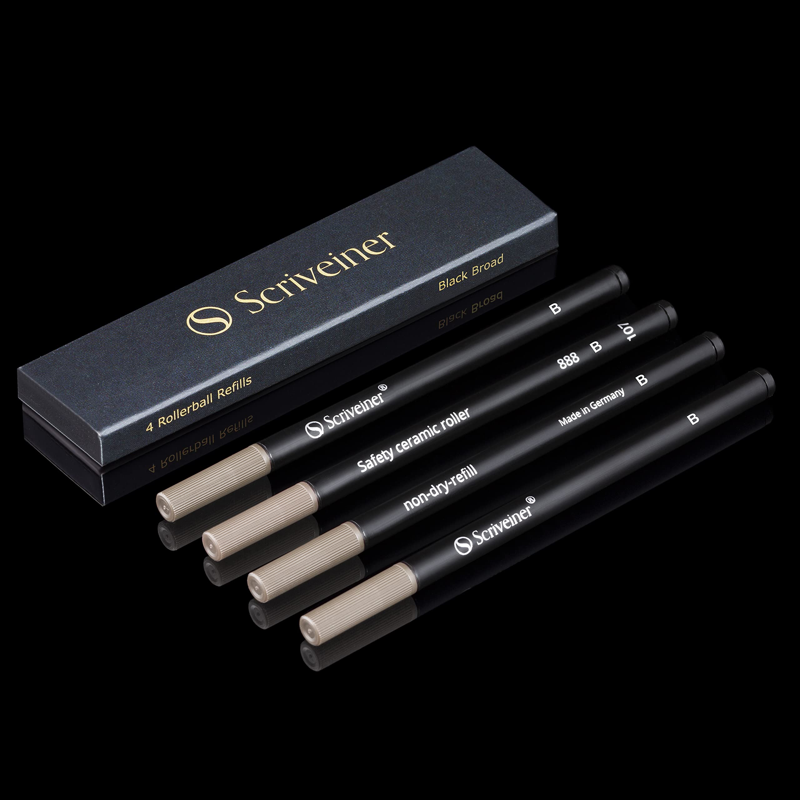 Scriveiner Rollerball Refill Black Broad - 4 Rollerball Refills Designed For Scriveiner Pens - Safety Ceramic Non Dry Roller Pen