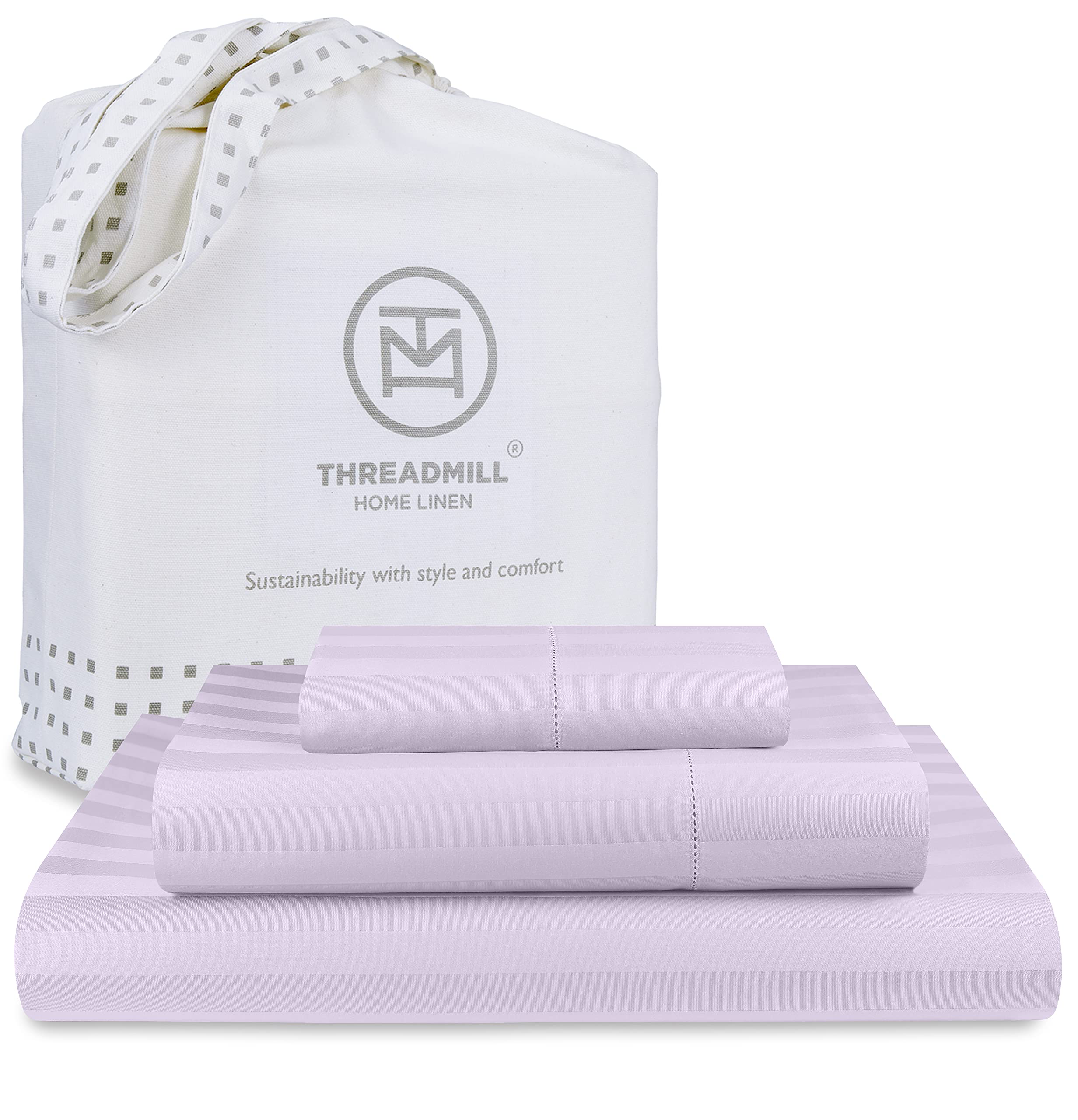 Threadmill 500 Thread Count Twin-XL Size Damask Stripe, 3 Pc Luxury Cotton Sheet Set, Breathable & Silky Soft Lilac Sheets with 