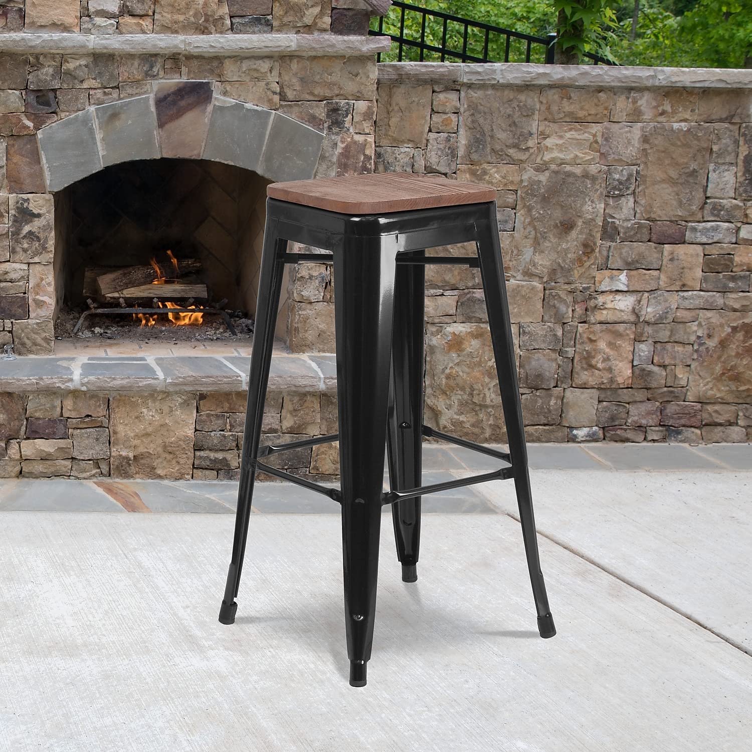 Flash Furniture Lily 30" High Backless Black Metal Barstool with Square Wood Seat
