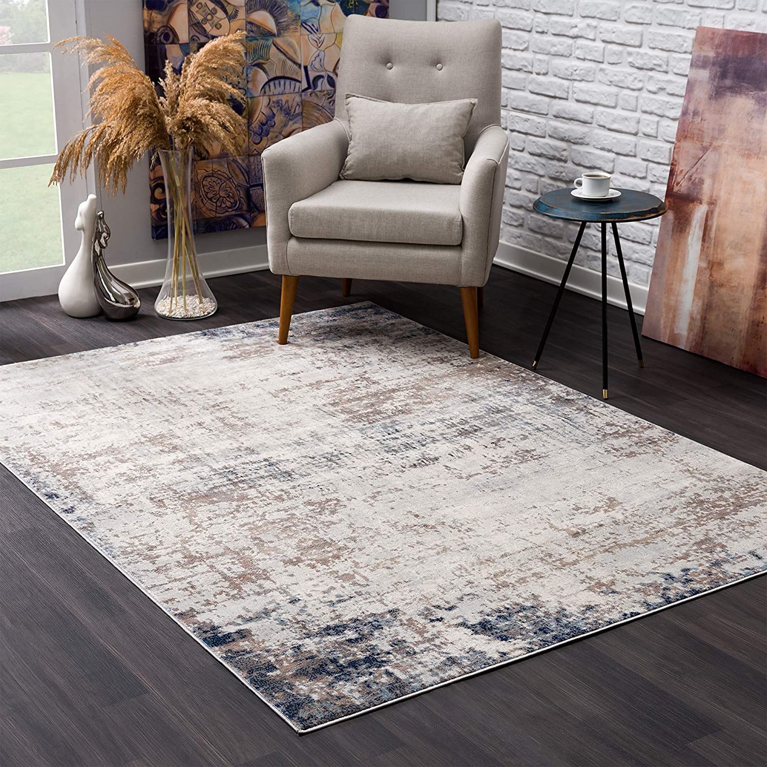 HomeRoots 100% Polypropylene 2’ x 5’ Navy Blue Distressed Striations Area Rug