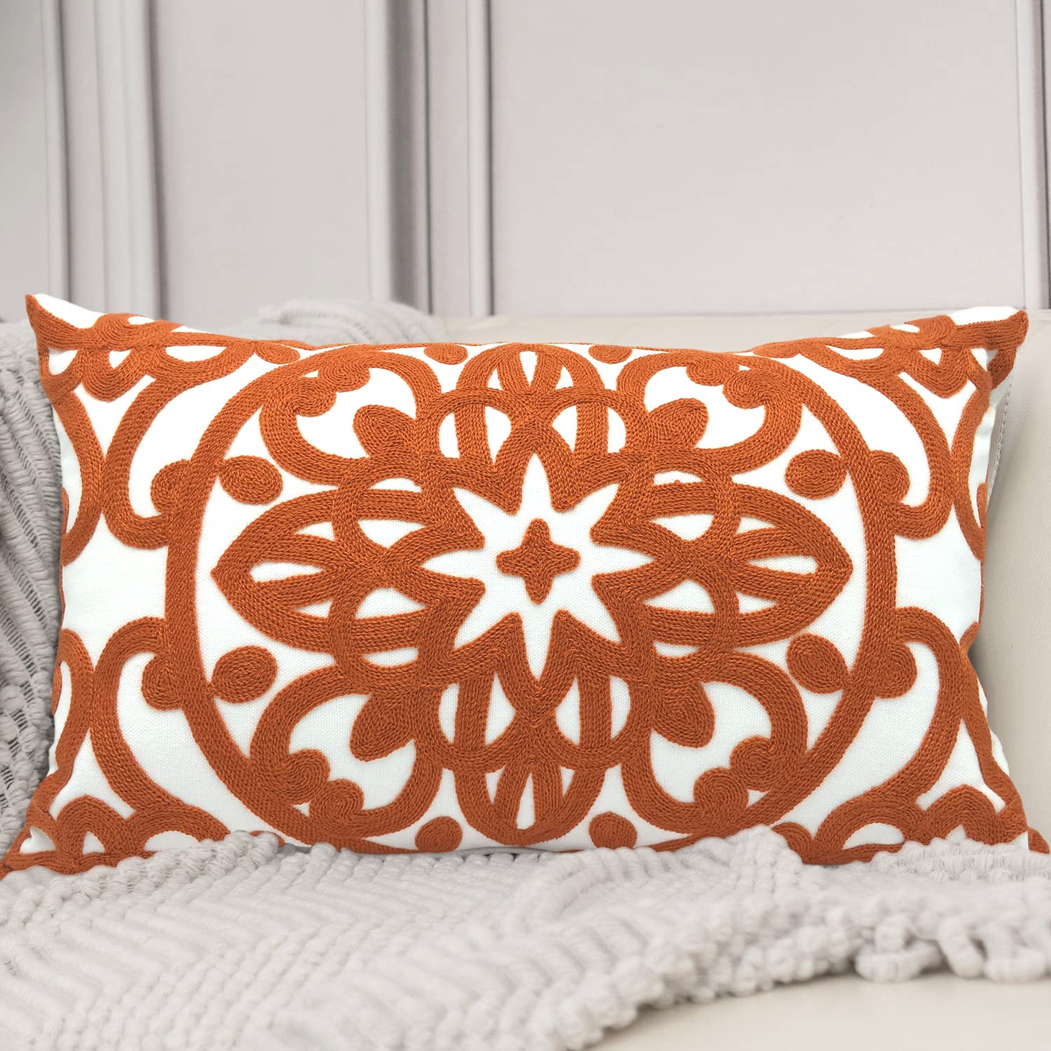 Alysheer Embroidered Lumbar Decorative Throw Pillow Cover 12x 20, Classic Boho Mandala Embroidery Pattern Cotton Rectangular Cus
