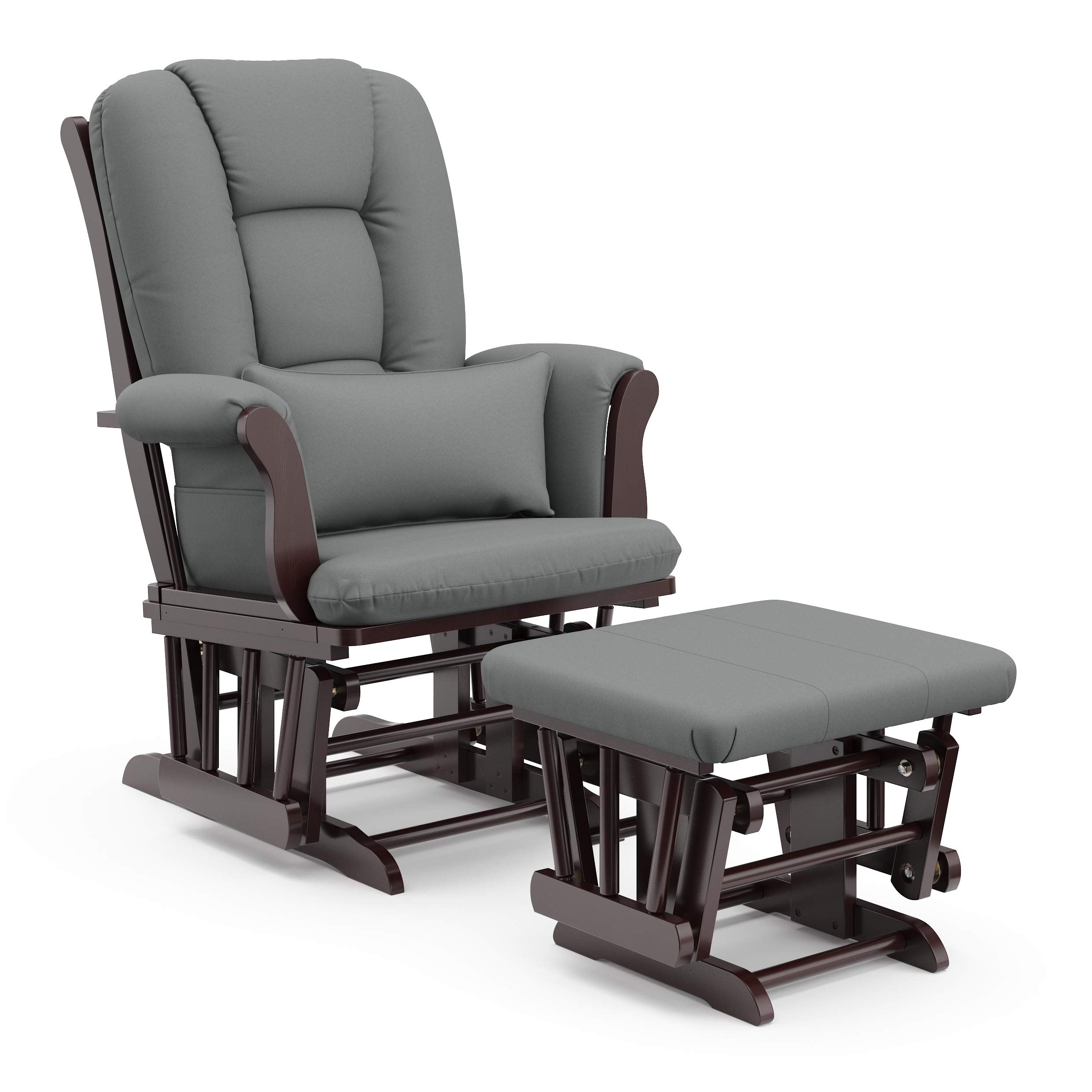 Storkcraft Tuscany Custom Glider And Ottoman With Free Lumbar Pillow (Espresso/Grey) - Cleanable Upholstered Comfort Rocking Nursery Chair With Ottoman