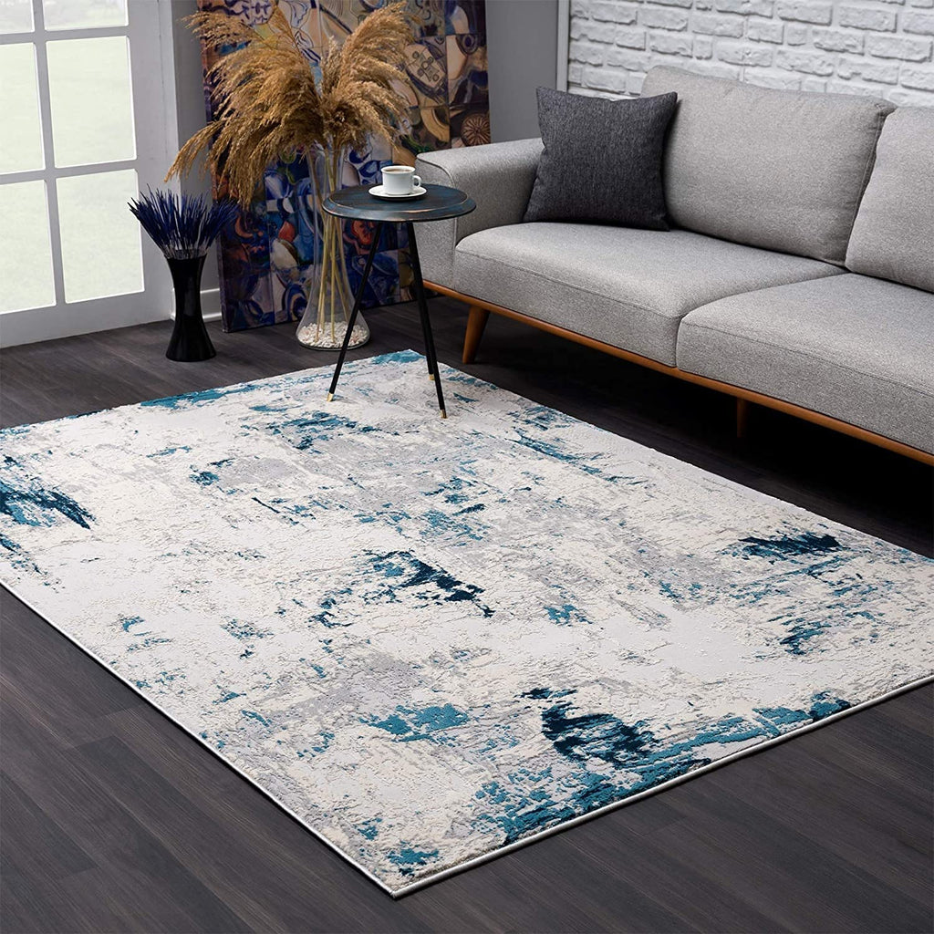 HomeRoots 100% High Grade Polypropylene 2â€ x 8â€ Blue and Ivory Abstract Strokes Runner Rug