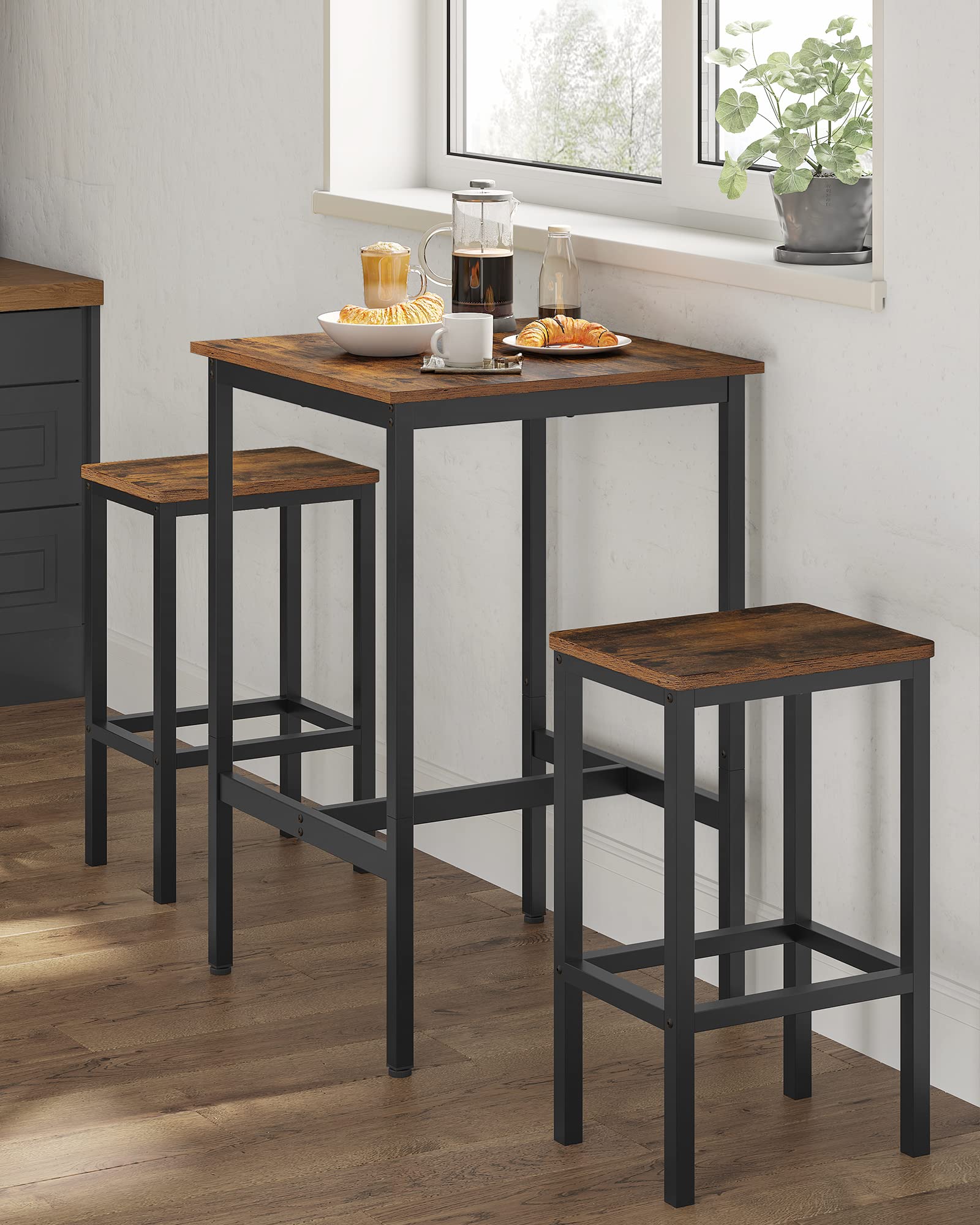 Vasagle Bar Table, Small Kitchen Dining Table, High Top Pub Table, Height Cocktail Table For Living Room Party, Sturdy Metal Frame, 23.6 X 23.6 X 36.2 Inches For Narrow Spaces, Rustic Brown And Black