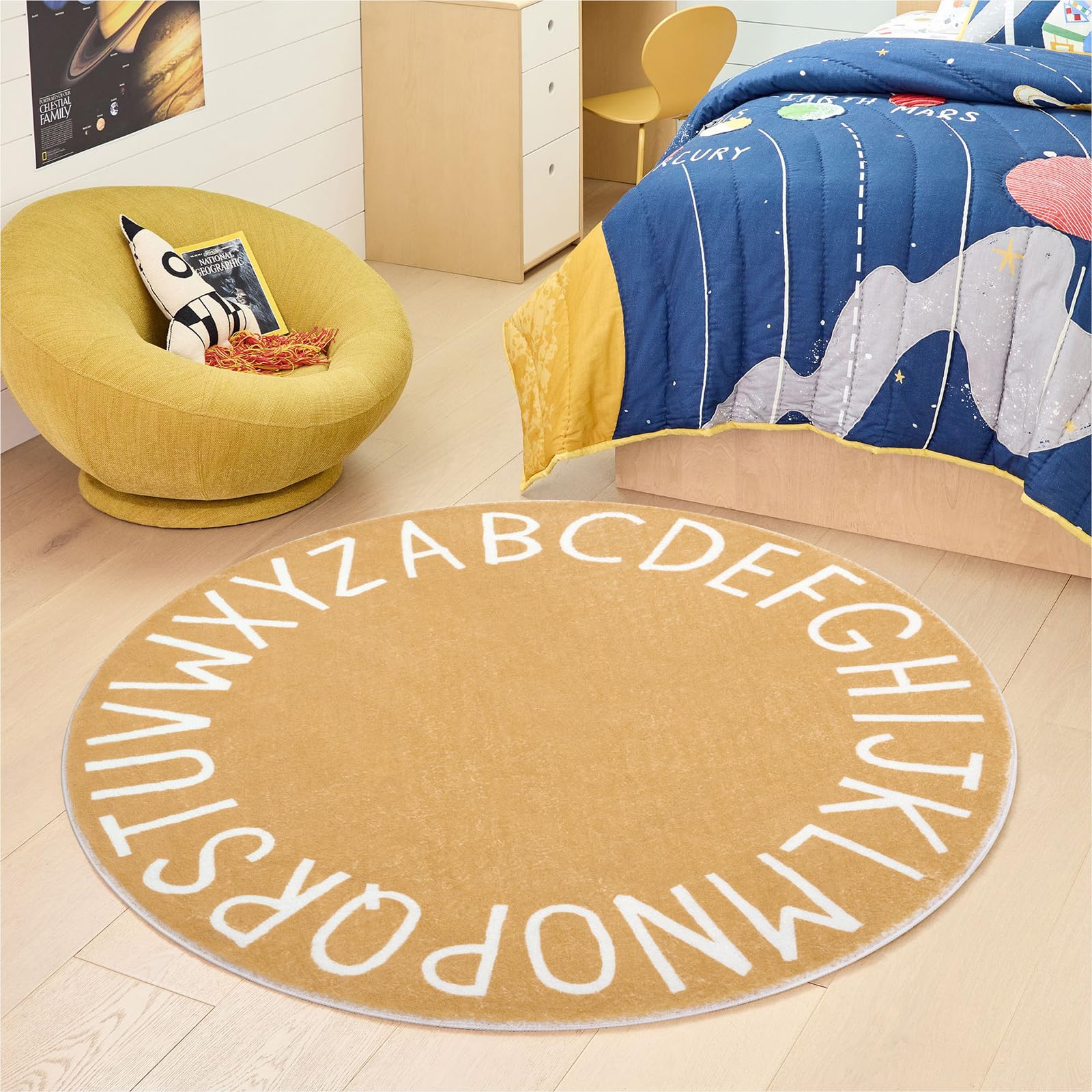 Topotdor Round Kids Play Rug Alphabet Nursery Area Rug Extra Large Soft Crawling Play Mat For Children Toddlers Bedroom (47 Inch, Brown)