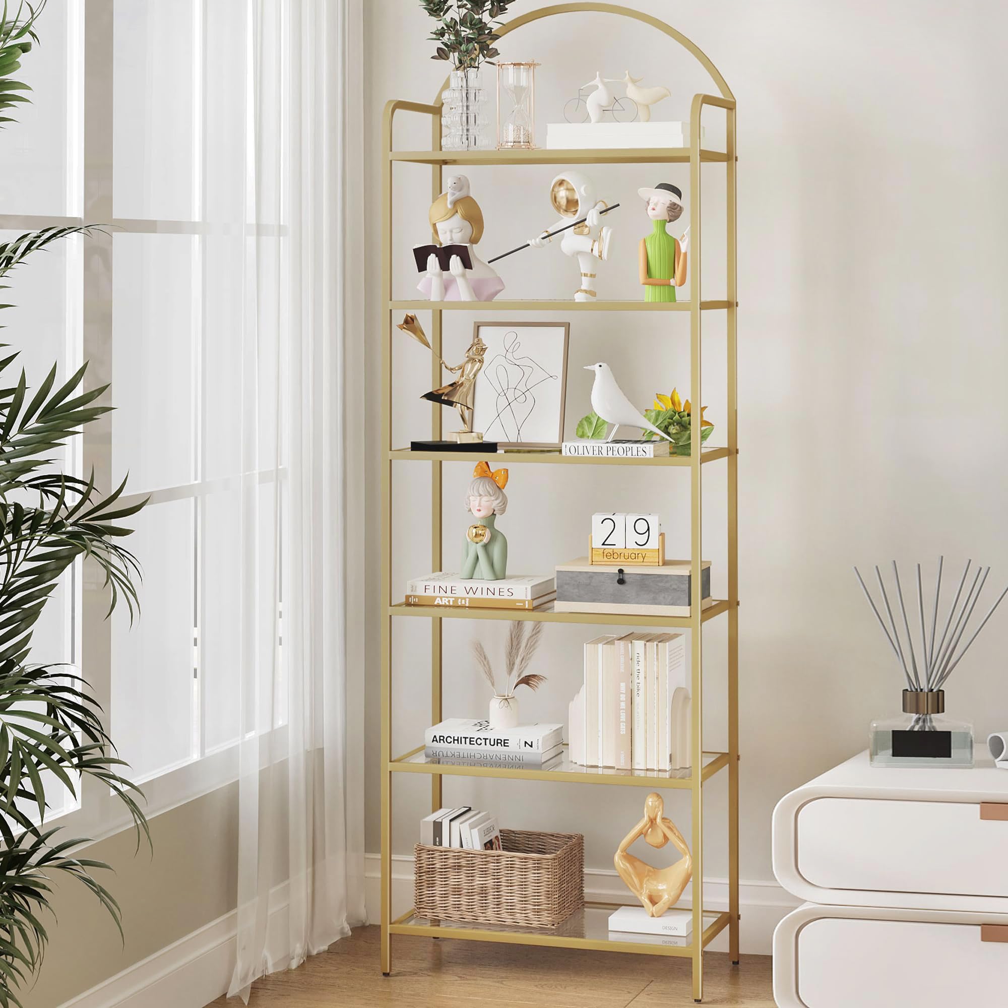 Hzuaneri Bookcase Bookshelf, Tempered Glass Bookshelves, Slim Shelving Unit For Bedroom, Bathroom, Home Office, Steel Frame, 6 Tier Gold Bc21699G