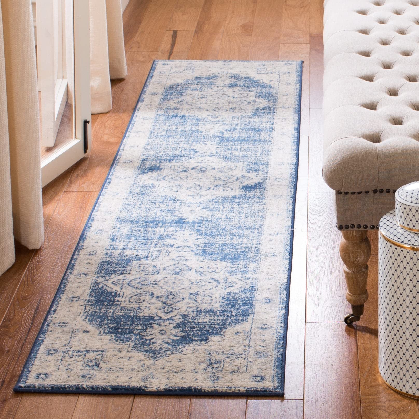 SAFAVIEH Brentwood Collection 2 x 6 Ivory / Navy BNT865A Medallion Distressed Non-Shedding Living Room Entryway Foyer Hallway 