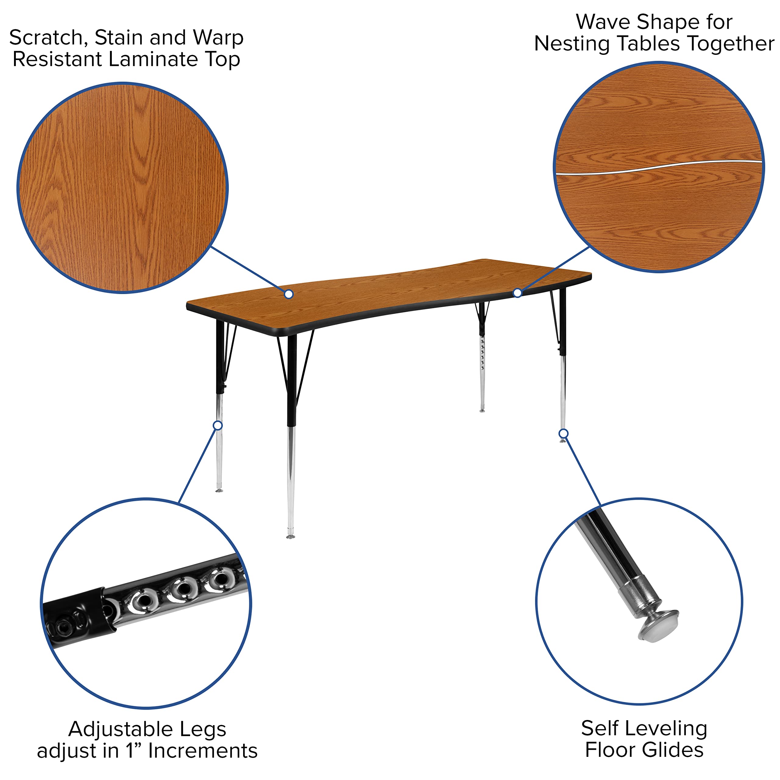 Flash Furniture Emmy 2 Piece 86" Oval Wave Flexible Oak Thermal Laminate Activity Table Set - Standard Height Adjustable Legs